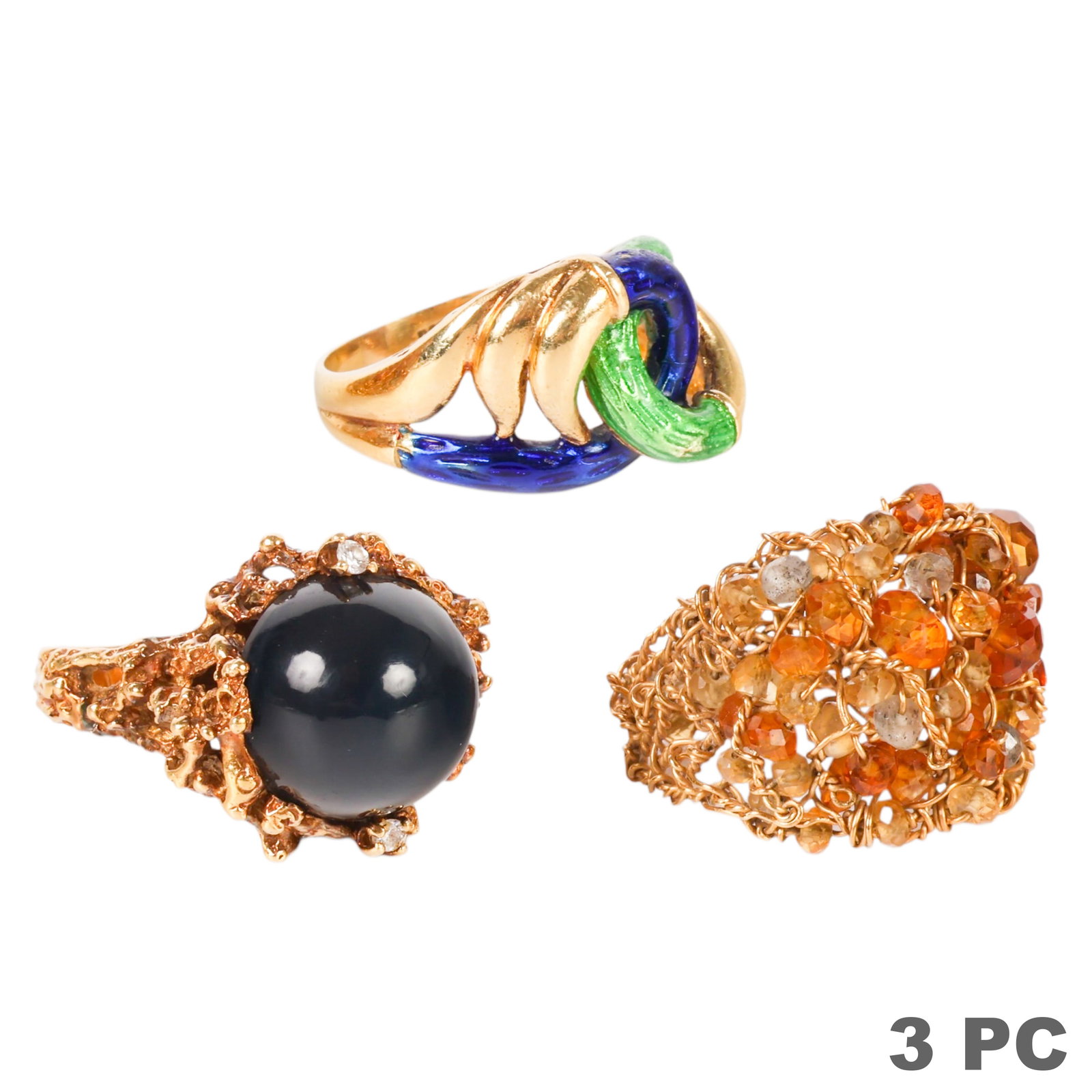14k and 18k Designer Vintage Size 7 Rings 3pc LOT: 3-piece estate lot of gold and gemstone vintage rings comprising a 14K yellow gold enameled cocktail ring featuring an interlocking domed link design accented with blue and green enamel, marked 585 wi