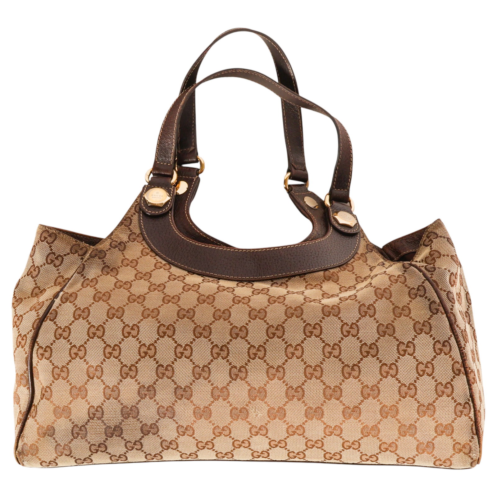 Gucci Monogram Canvas Medium Charmy Shoulder Bag: Gucci Italian luxury designer Medium Charmy shoulder bag crafted in beige GG monogram canvas with dark brown leather trim and gold tone hardware. Features 9 inch drop dual shoulder straps with Gucci l