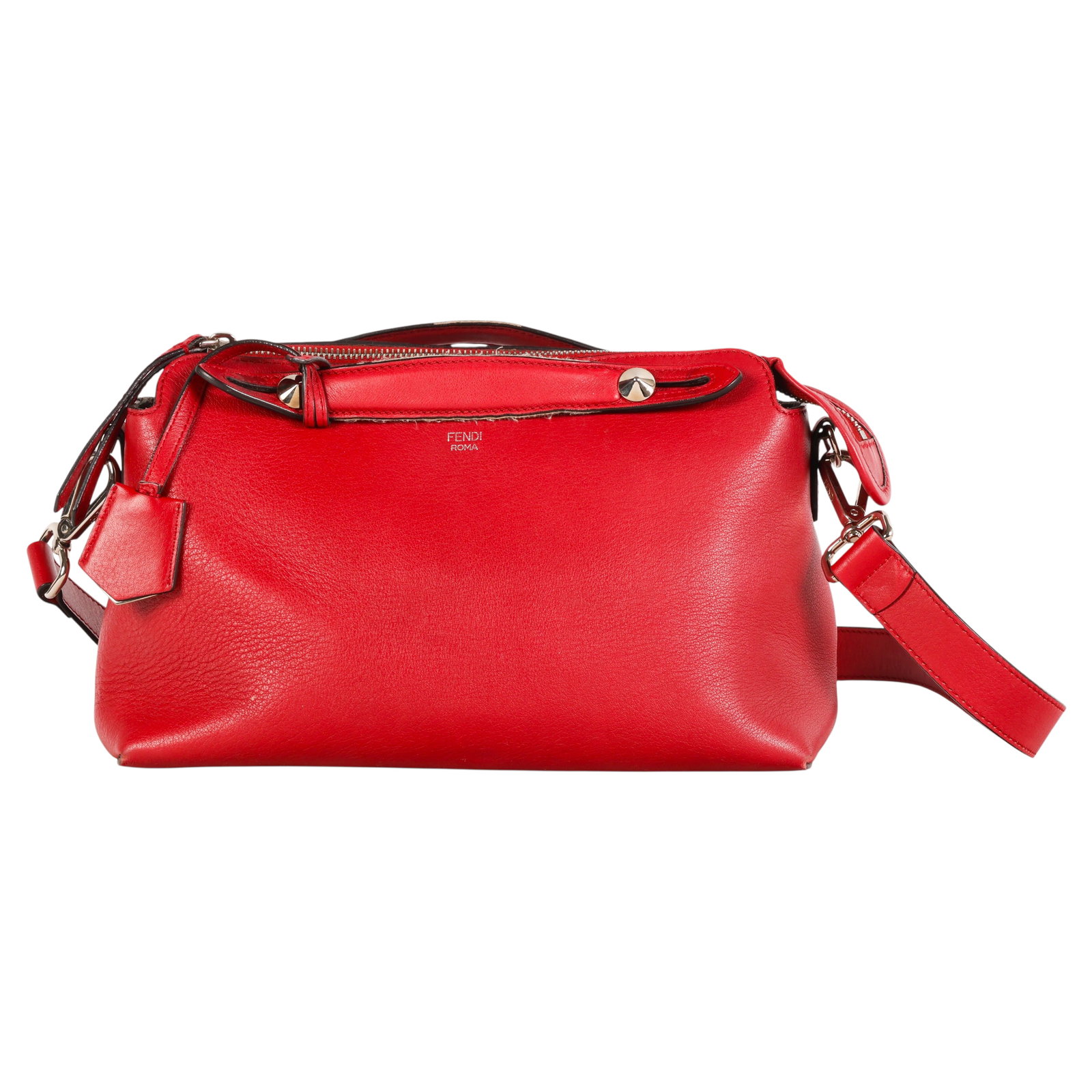 Fendi "By The Way" Red Leather Shoulder Bag Purse: Fendi Italian luxury designer By The Way satchel handbag in red grained leather, featuring dual rolled top handles, a detachable and adjustable shoulder strap, silver tone hardware, and a top zip clos