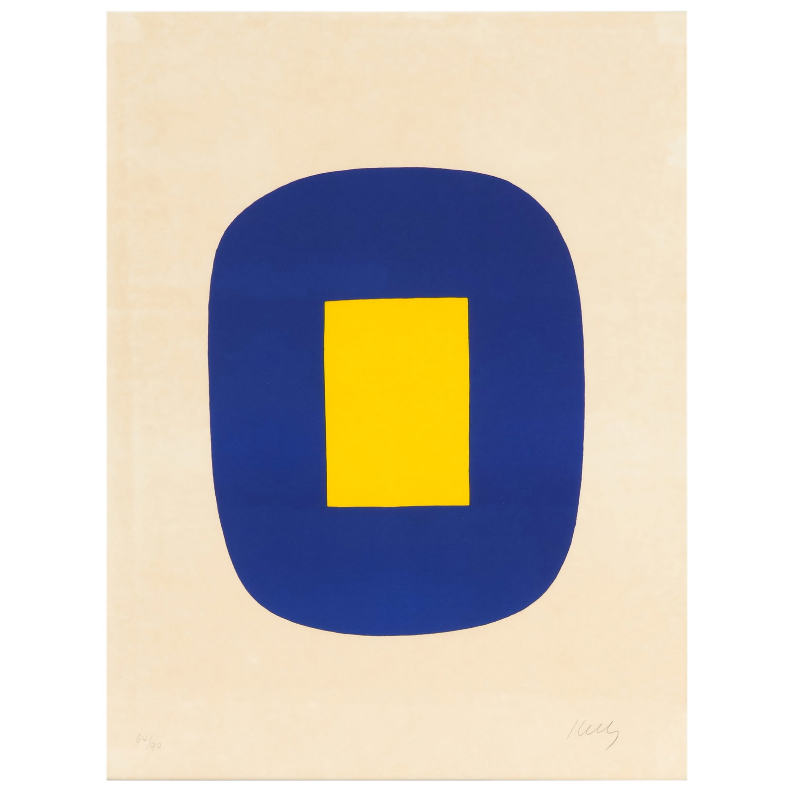 Ellsworth Kelly 1923-2015 Yellow Blue Litho SIGNED: Ellsworth Kelly (American, 1923-2015), Yellow on Blue (Jaune sur Bleu), color lithograph on paper depicting a yellow rectangle centered within a cobalt blue rounded form on a cream ground. Executed in