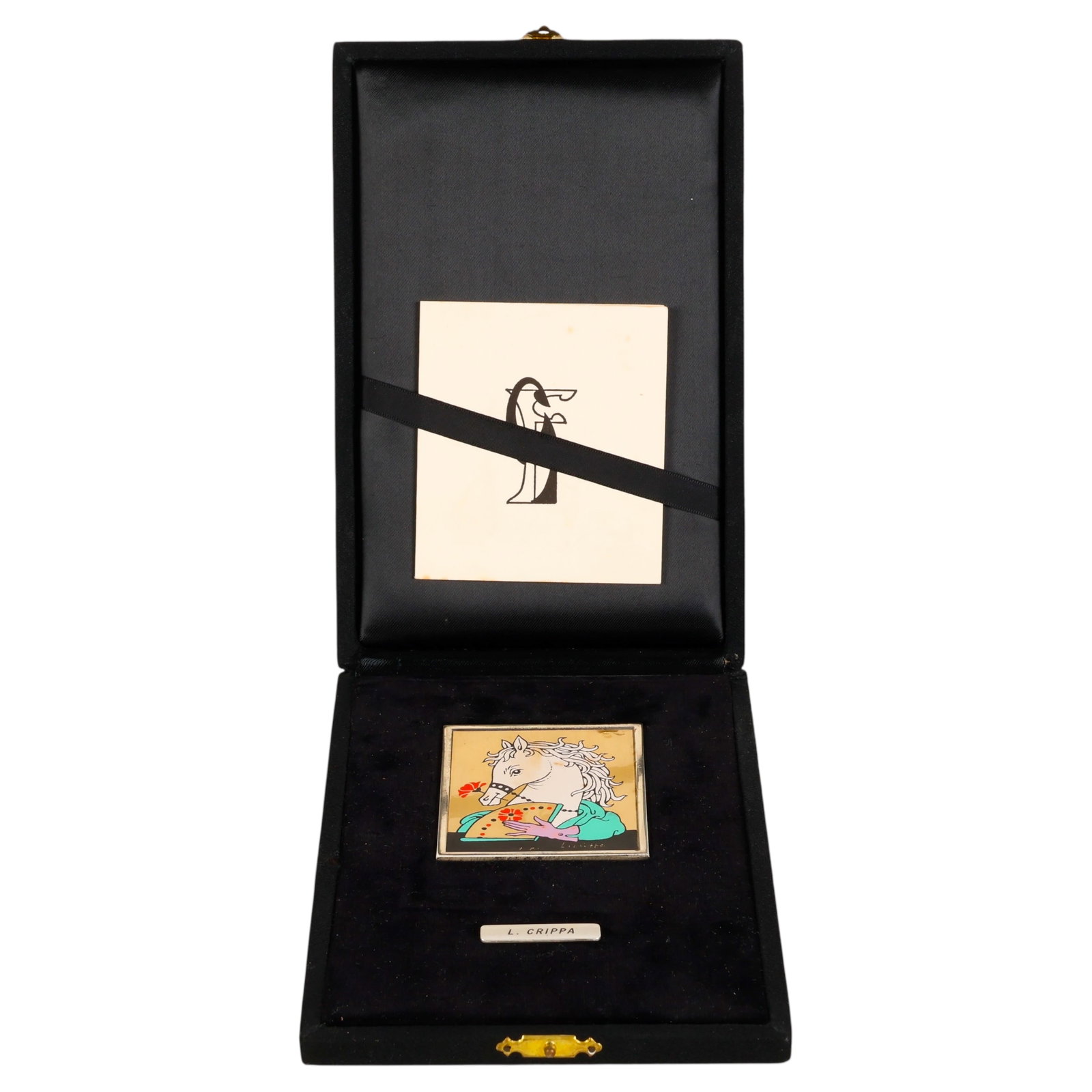 Luca Crippa 18K and Sterling Silver LE Art Plaque: Luca Crippa (Italian, 1924-2002), enamel over an 18K gold plaque mounted on a .925 sterling silver limited edition art plaque titled Cavallina Spagnola, featuring a stylized horse motif. Accompanied b