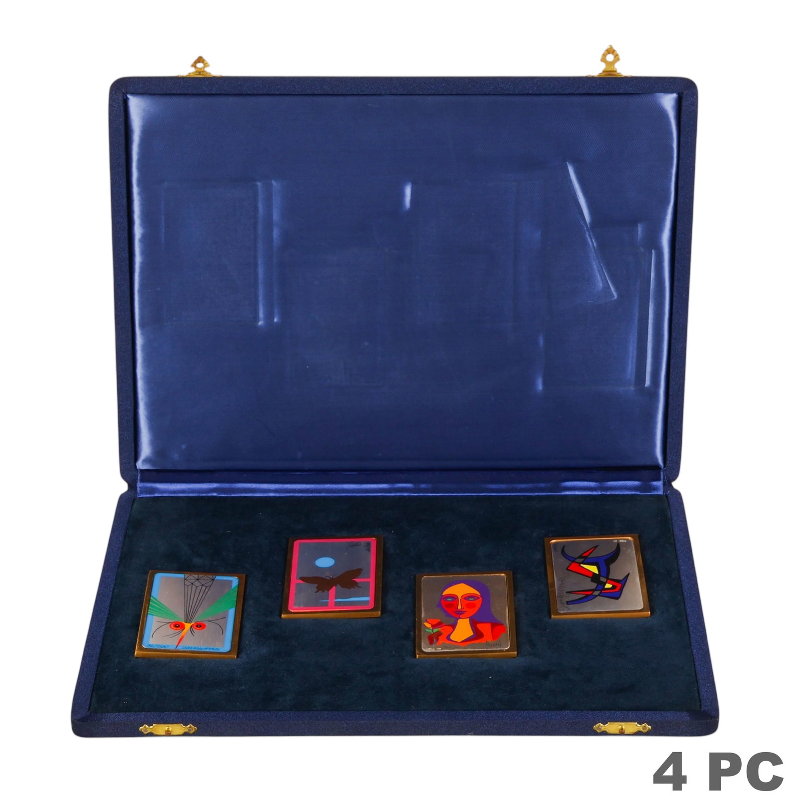 Italian Enameled Art .999 Silver Plaques 4pc. LOT: Collection of four limited edition Italian .999 fine silver art plaques, each mounted within gilt-tone bronzed metal frames. Each bears silver stamps and is signed and numbered by the artist, accompan