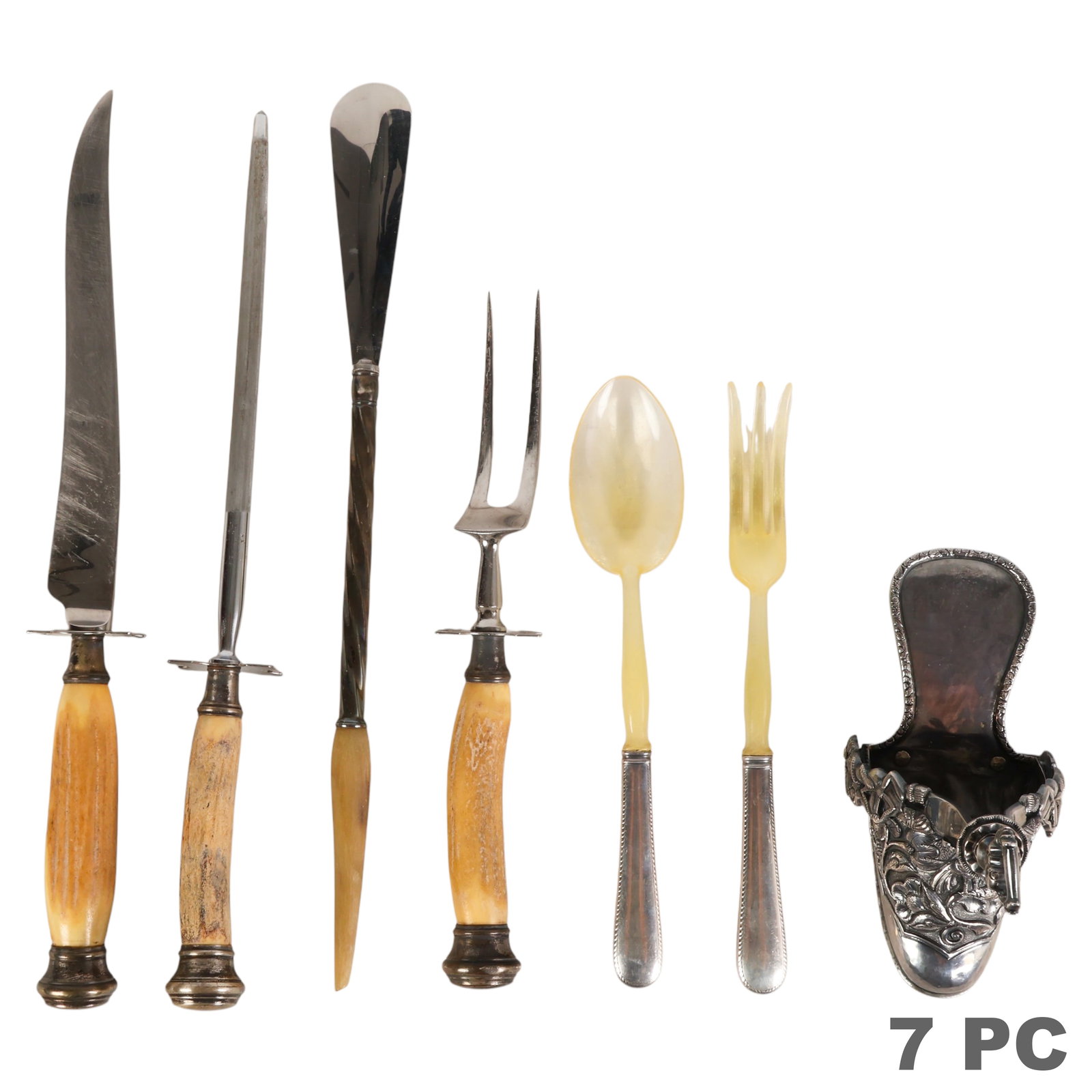 Sterling Silver Stirrup Servers and More 7pc 455g: Seven-piece lot of table accessories and serving pieces, featuring a sterling silver Spanish Colonial-style lady's side-saddle slipper-form stirrup. Also included are a sterling-handled salad serving 