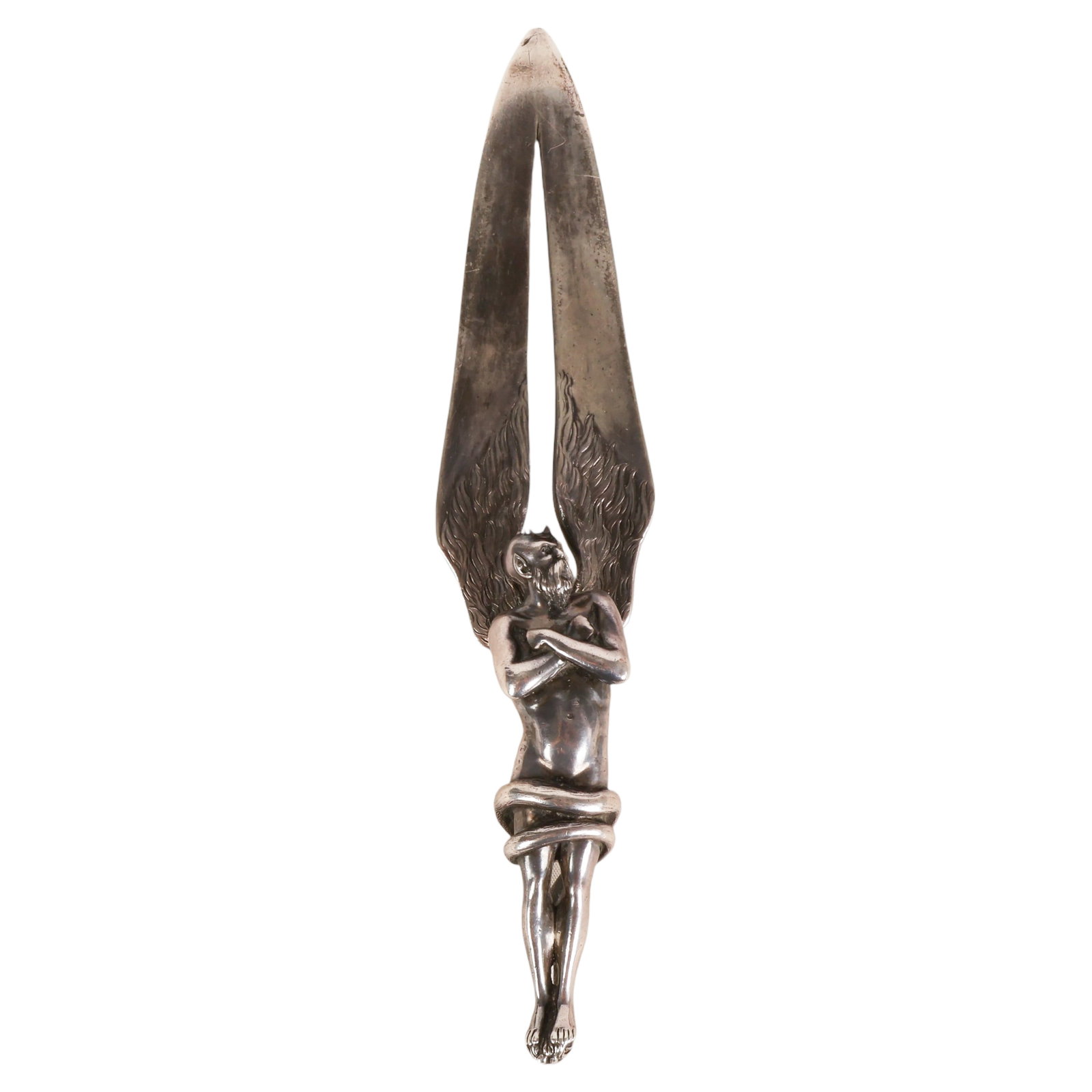 Sterling Silver Winged Devil Letter Opener 200g: Antique sterling silver devil-form knife server or letter opener featuring a winged devil figure with crossed arms, wings extending into the blade, and a tail coiled around the lower body. Cast in a G