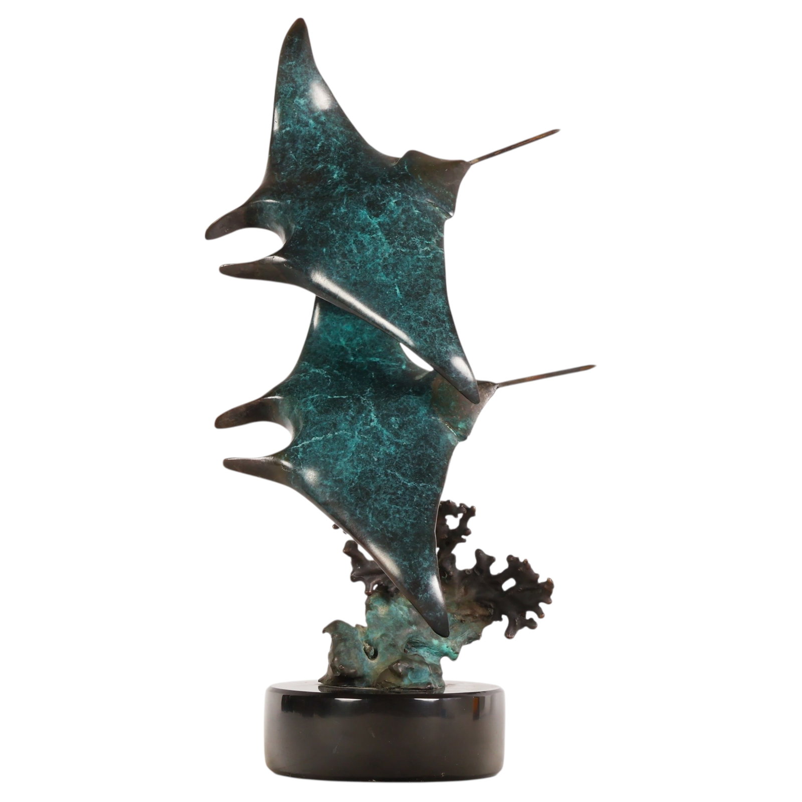 Dale Evers b.1955 Bronze LE Sting Ray Sculpture: Dale Evers (American, born 1955), bronze contemporary marine life sculpture depicting two rays swimming above a coral reef formation, mounted on a polished circular black marble base. Incised with the