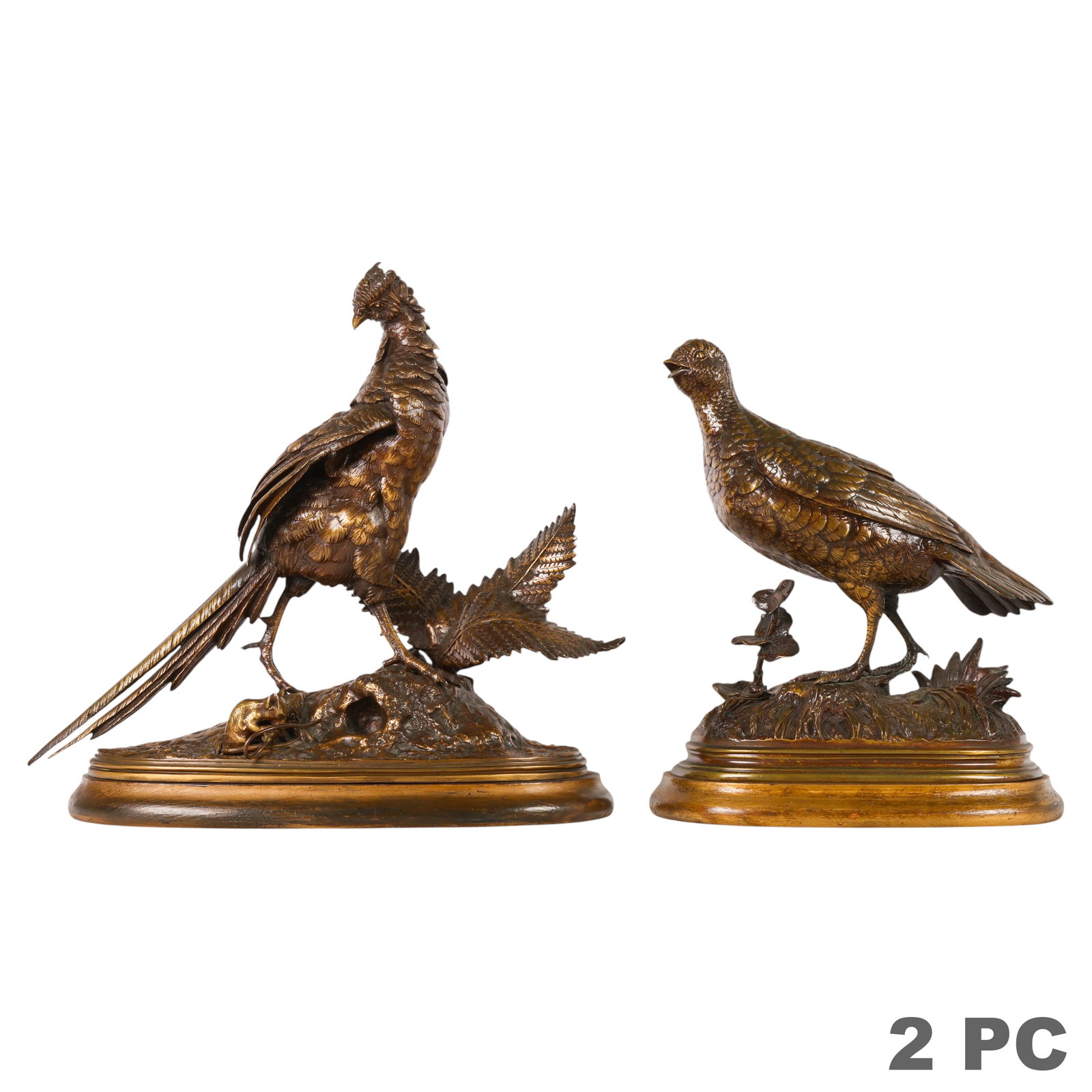 Bronze Pheasant and Quail Game Bird Sculptures LOT: Pair of antique-style sporting bird sculptures comprising finely detailed cast bronze figures depicting a pheasant and a quail-type game bird. One sculpture depicts a crested pheasant standing atop a 