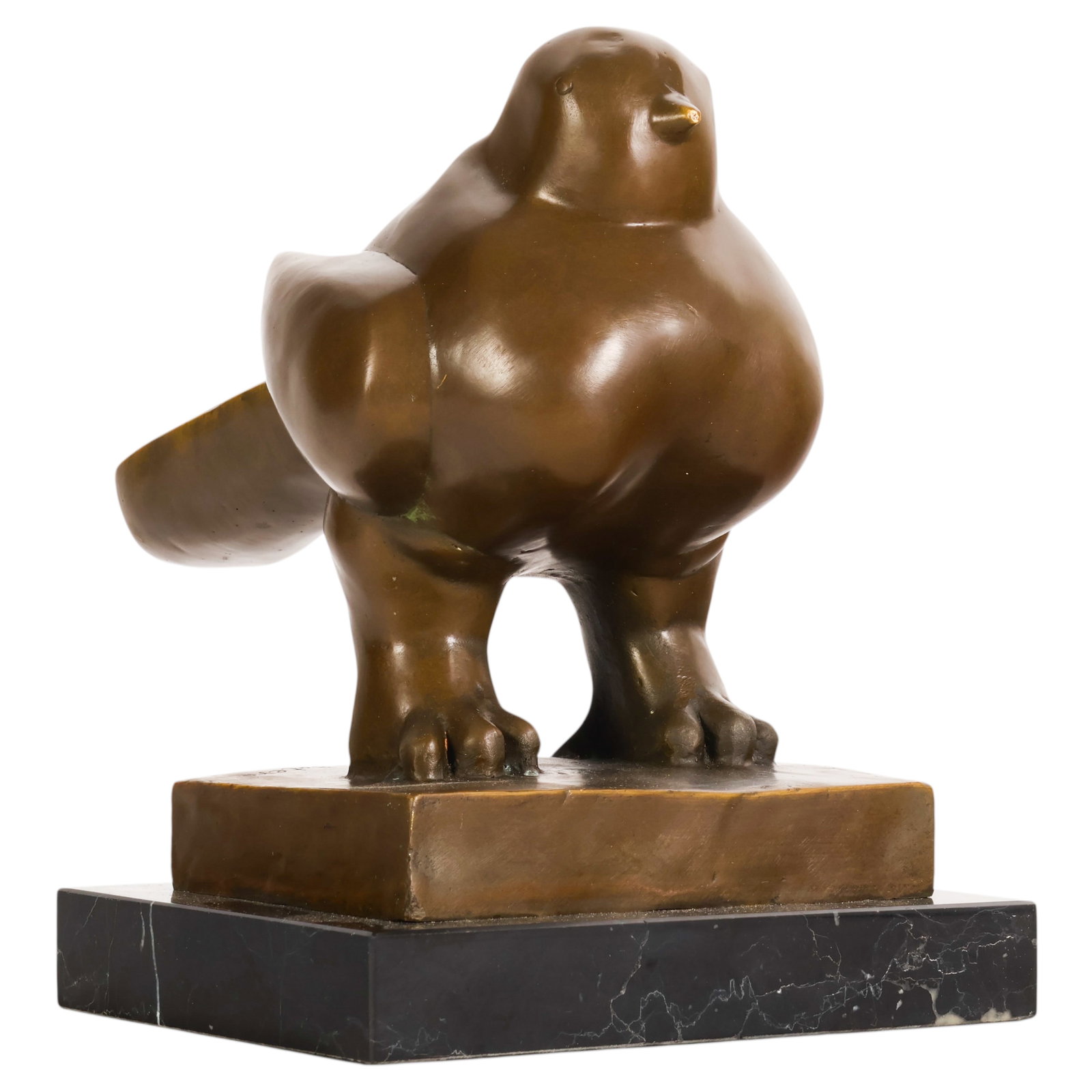 Columbian Bronze Peace Bird Sculpture after Botero: Bronze peace dove style bird sculpture after Fernando Botero (Colombian, 1932-2023), modeled with an exaggerated rounded form and elongated tail. The sculpture features a dark bronze patina and is mou