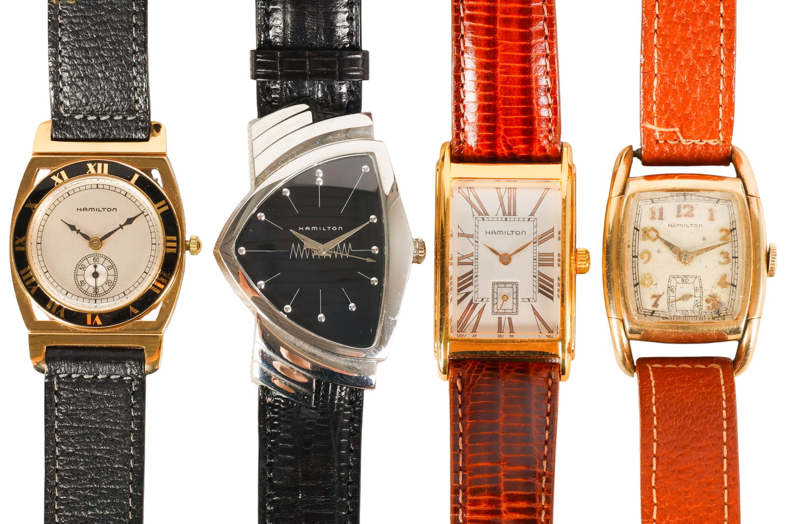 Vintage and Modern Hamilton Wristwatches 4pc LOT: Hamilton collection of four wristwatches comprising a Ventura wristwatch featuring the iconic shield-shaped stainless steel case, black dial, and black leather strap; a Piping Rock Registered Edition 