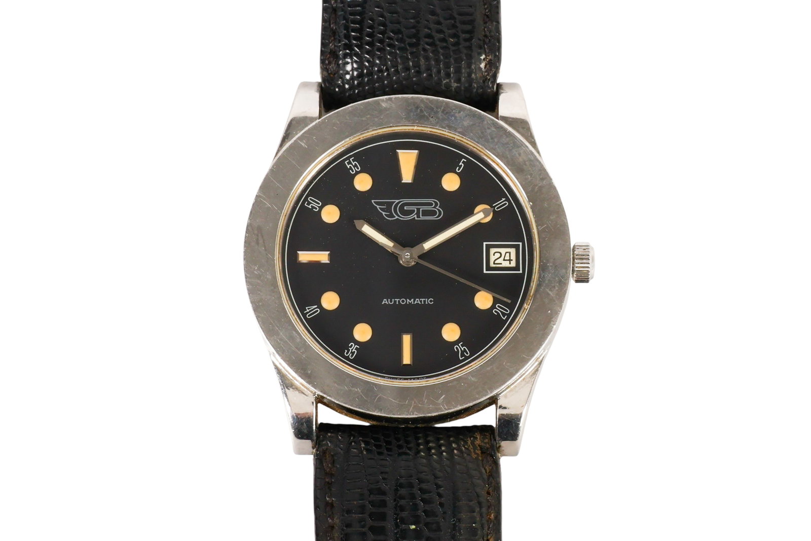 Gianni Bulgari Timeo Automatic Stainless Watch: Vintage Gianni Bulgari Timeo automatic stainless steel wristwatch featuring a black dial with luminous baton and round hour markers, center sweep seconds hand, date aperture at 3 o'clock, and a stainl