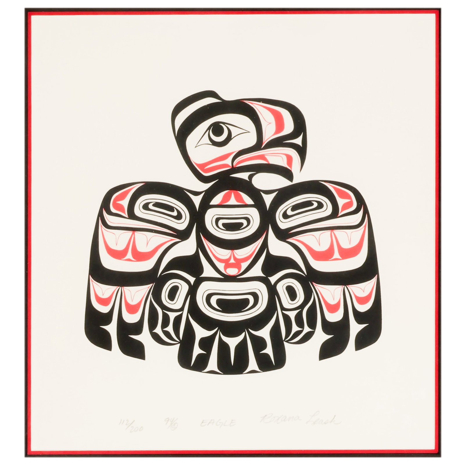 Roxana Leask 20C Northwestern Eagle Litho SIGNED: Roxana Leask (Native American/Alaskan Native, Tsimshian and Aleut, American, active late 20th century), "Eagle," limited edition lithograph. Framed Northwest Coast tribal art composition depicting an 