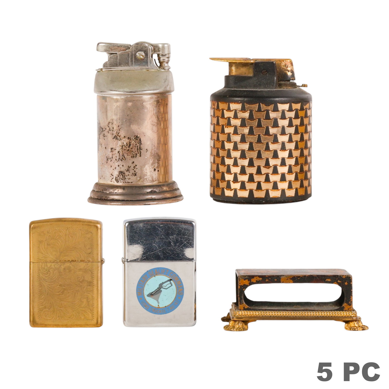 Vintage Zippo Ronson Smoking Accessories 5pc LOT: Five-piece smoking accessories collection comprising a Ronson Varaflame Venus table lighter, a Gorham sterling silver table lighter, two vintage Zippo pocket lighters, and a French-style footed match 