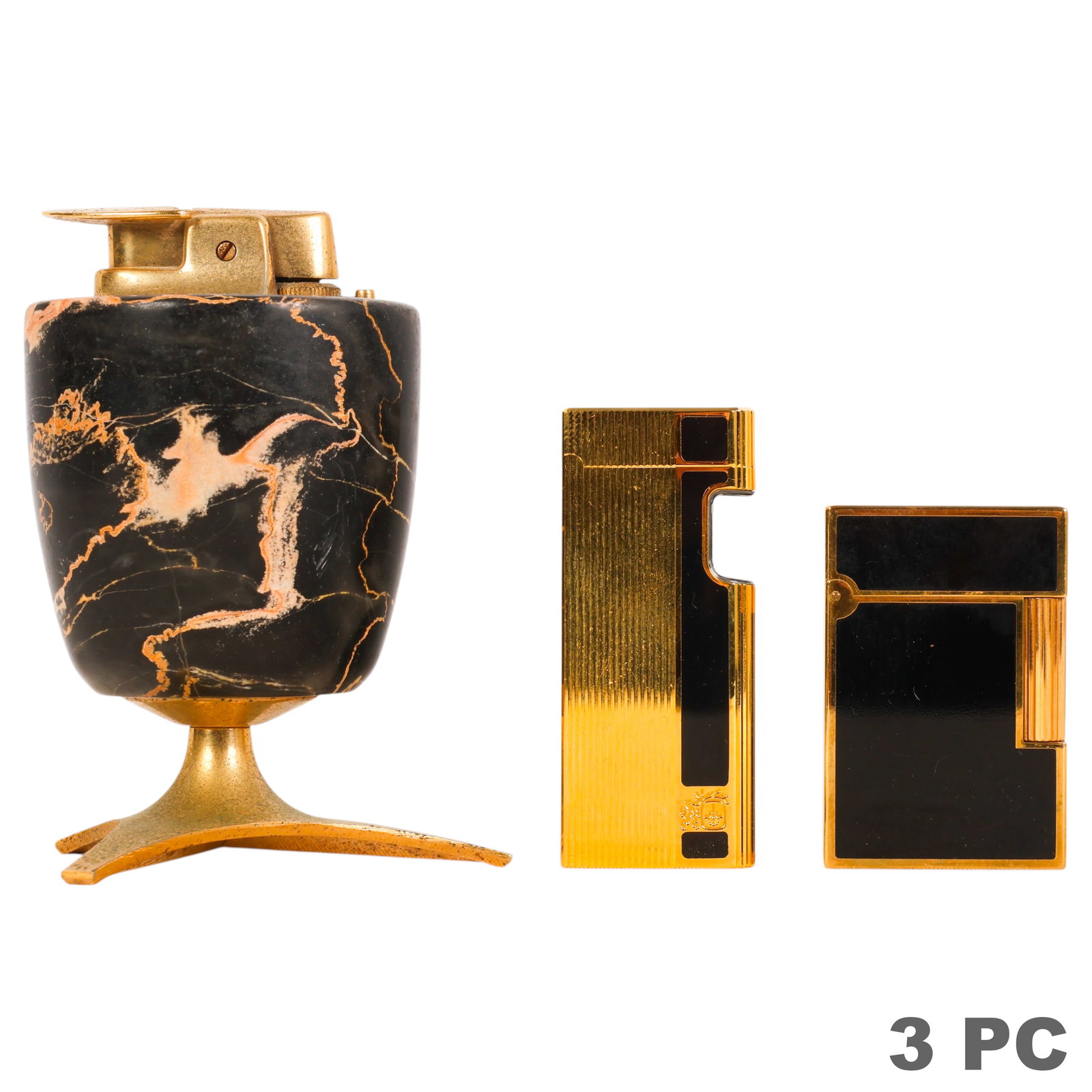 S.T. Dupont Ronson & Colibri Vintage Lighters LOT: Lot of three luxury butane lighters comprising an S.T. Dupont Ligne 2 lighter featuring a gold-plated finish with black Chinese lacquer panels, marked "S.T. Dupont Paris, Made in France"; a Ronson Var