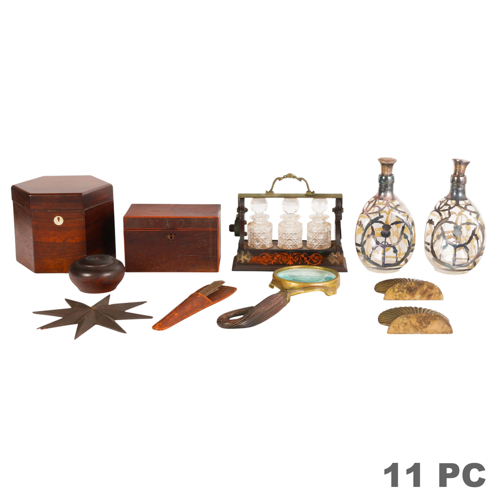Gentlemans Antique Estate LOT Box Tantalus & MORE: Eleven-piece estate lot of decorative and gentleman's desk accessories, including three wooden boxes, a carved wood star ornament, two letter openers housed in a leather sheath, a brass and wood-handl