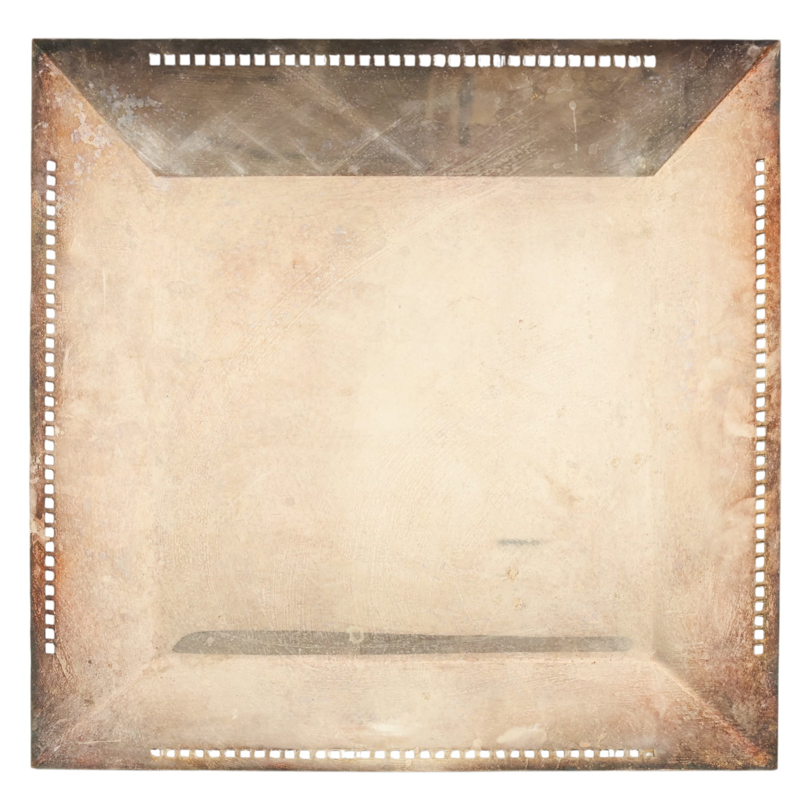 Richard Meier for Swid Powell Silver-Plated Tray: Richard Meier for Swid Powell vintage silver plated square serving tray, designed with a broad sloped rim featuring a pierced rectangular border and hand etched linear abstract decoration surrounding 