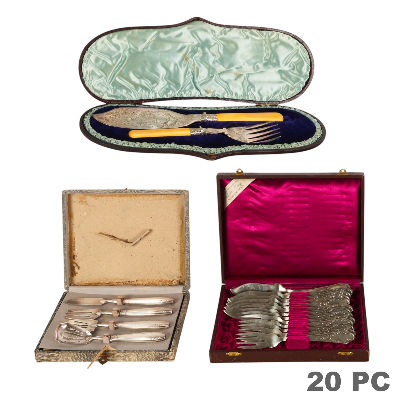 800 Silver & Silverplate Serving Article SETS 20pc: Silver plated and Continental .800 silver 20 piece antique serving articles lot comprising a silver plated fish service with eight forks measuring approximately 7.5 inches and six knives measuring app