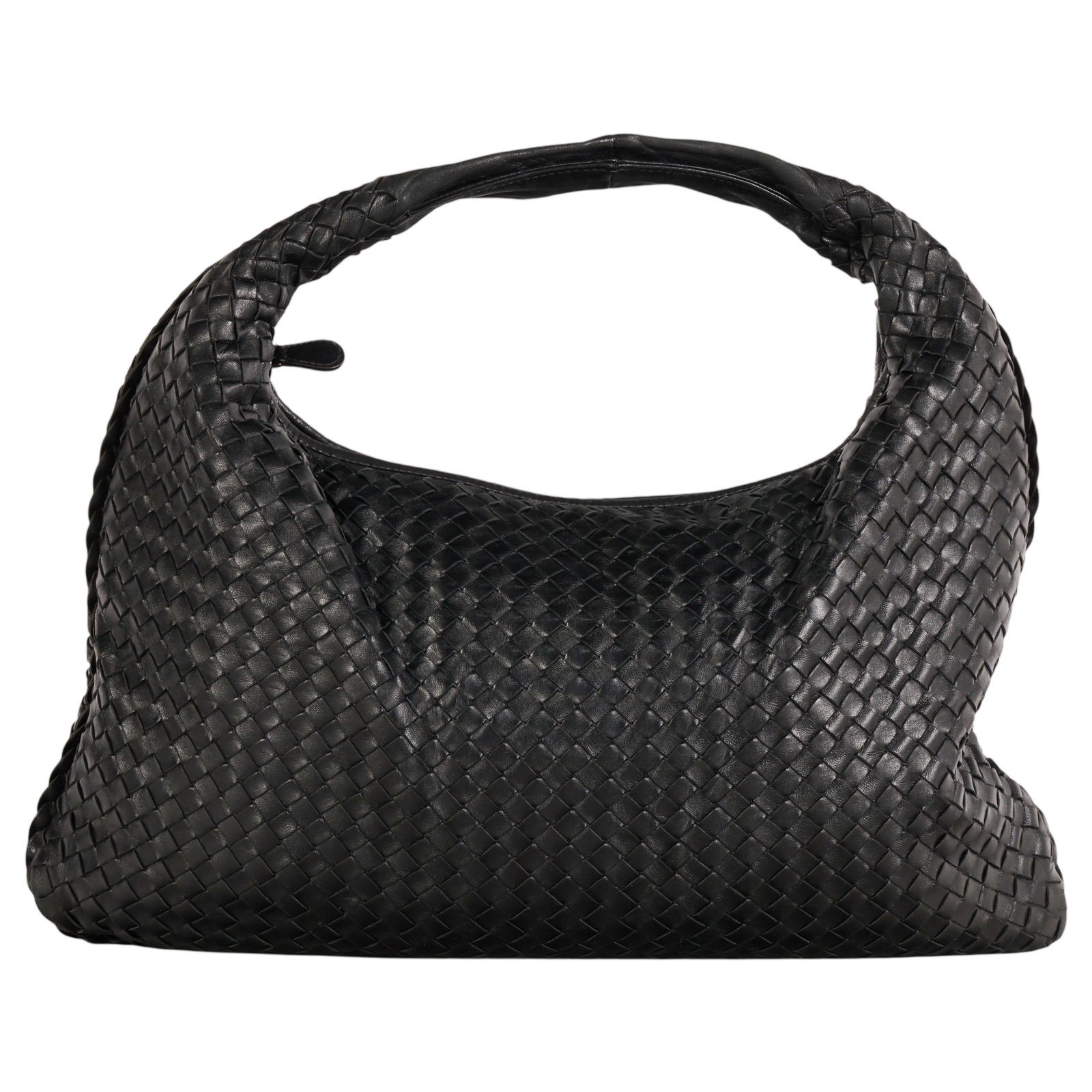 Bottega Veneta Intrecciato Black Leather Hobo Bag: Bottega Veneta Italian luxury designer hobo handbag crafted in supple black Intrecciato woven leather, showcasing the house's signature handwoven construction. The bag features a slouch silhouette wit