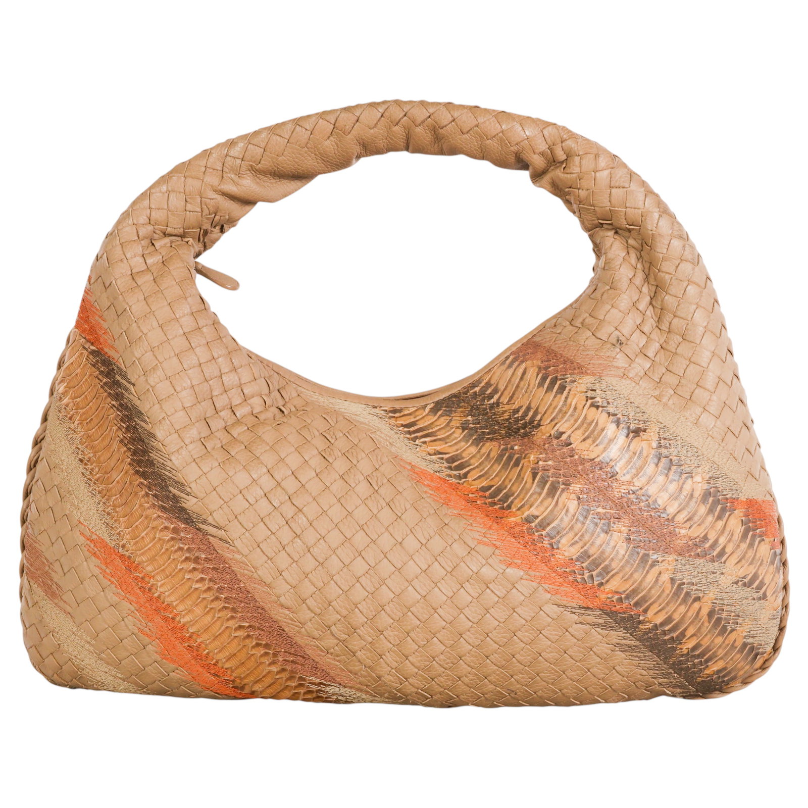 Bottega Veneta Snakeskin Intrecciato Hobo Bag: Bottega Veneta Italian luxury designer Veneta hobo handbag crafted in beige Intrecciato woven leather accented with decorative snakeskin inlay panels in natural tones. The purse features the iconic sl