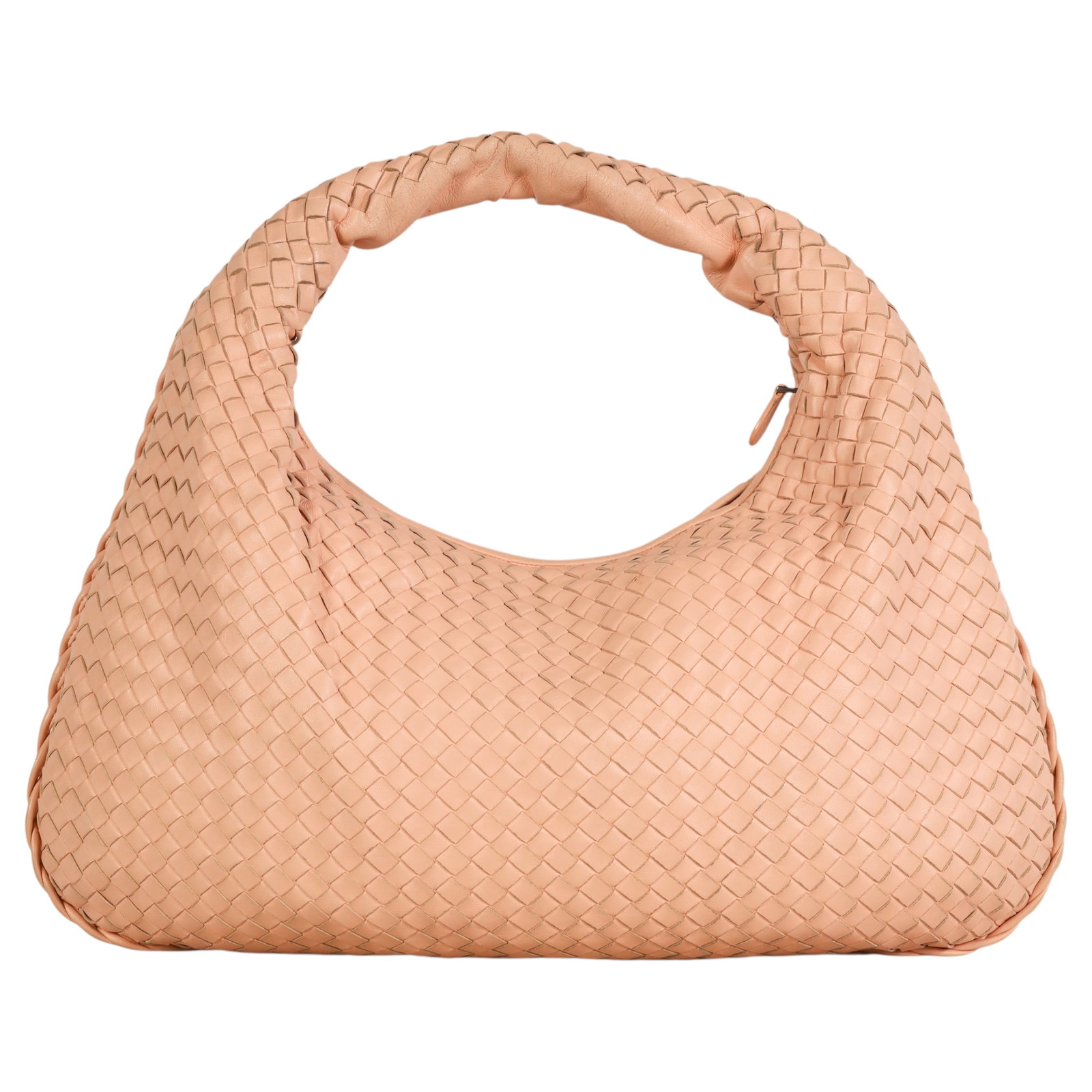 Bottega Veneta Blush Intrecciato Leather Hobo Bag: Bottega Veneta Italian luxury designer hobo handbag crafted in pale rose pink Intrecciato woven leather, showcasing the house's signature handwoven construction. The bag features a soft crescent silho