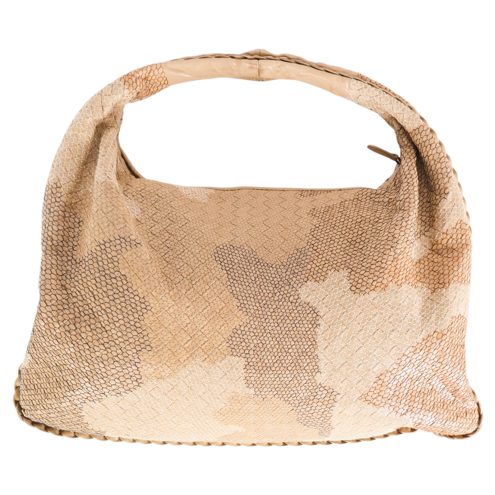 Bottega Veneta Nappa Intrecciato Camo Hobo Bag: Bottega Veneta Italian luxury designer hobo handbag crafted in supple nappa leather with the house's signature Intrecciato woven construction, accented by a tonal camouflage pattern throughout. The ba