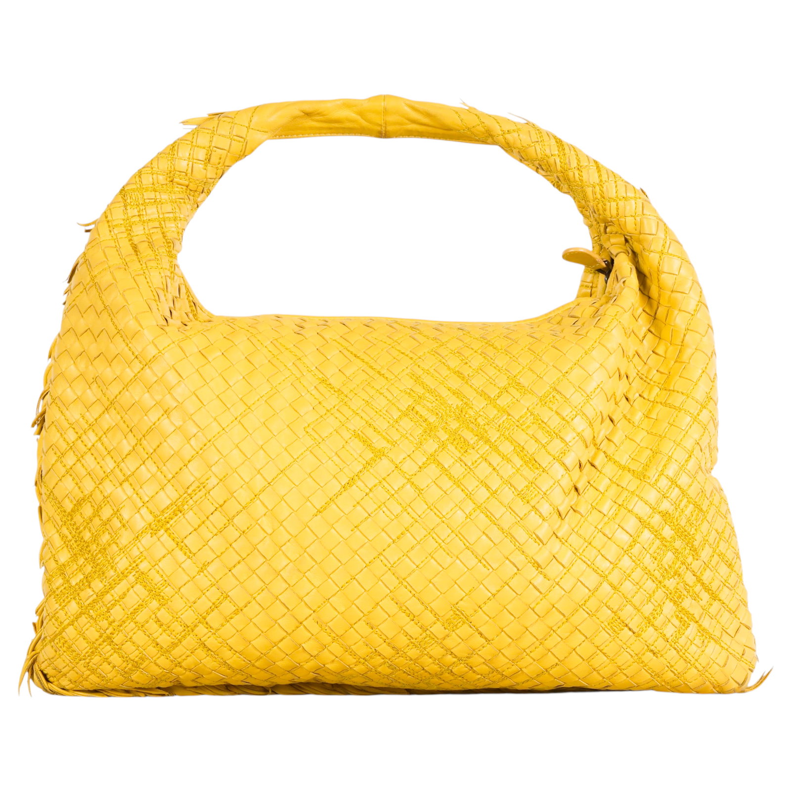Bottega Veneta Yellow Intrecciato Leather Hobo Bag: Bottega Veneta Italian luxury designer hobo handbag crafted in vibrant yellow Intrecciato woven lambskin leather, showcasing the house's signature handwoven construction. The bag features a soft slouc
