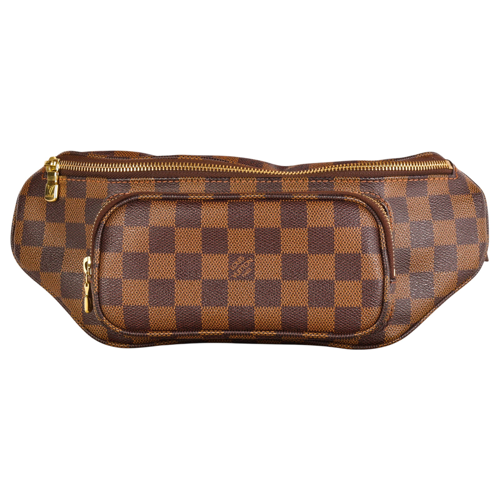 Louis Vuitton Damier Ebene Melville Waist Bag: Louis Vuitton Melville luxury designer belt bag crafted in Damier Ebene coated canvas with a brown adjustable waist strap, front zip pocket, top zip compartment, gold-tone hardware, and brown textile 