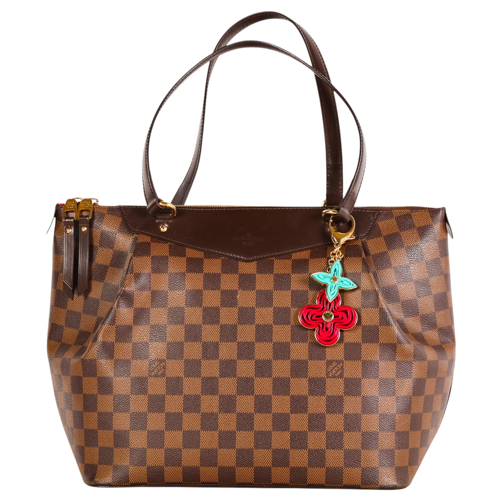 Louis Vuitton Damier Ebene Westminster GM Tote Bag: Louis Vuitton Westminster GM luxury designer tote bag crafted in Damier Ebene coated canvas with chocolate brown leather trim. Features dual shoulder straps, gold-tone hardware, top zip closure, and a