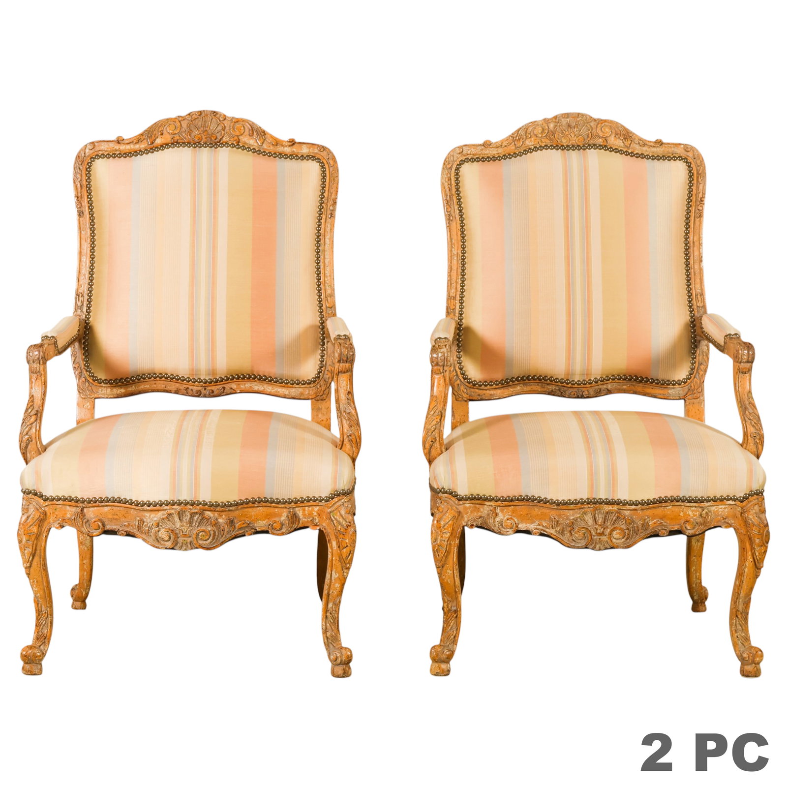 Minton Spidell French Louis XV Style Chairs PAIR: Minton-Spidell pair of carved crescent armchairs executed in the Louis XV French Provincial style with serpentine crest rails, scrolling arms, molded frames, and cabriole legs terminating in scroll fe