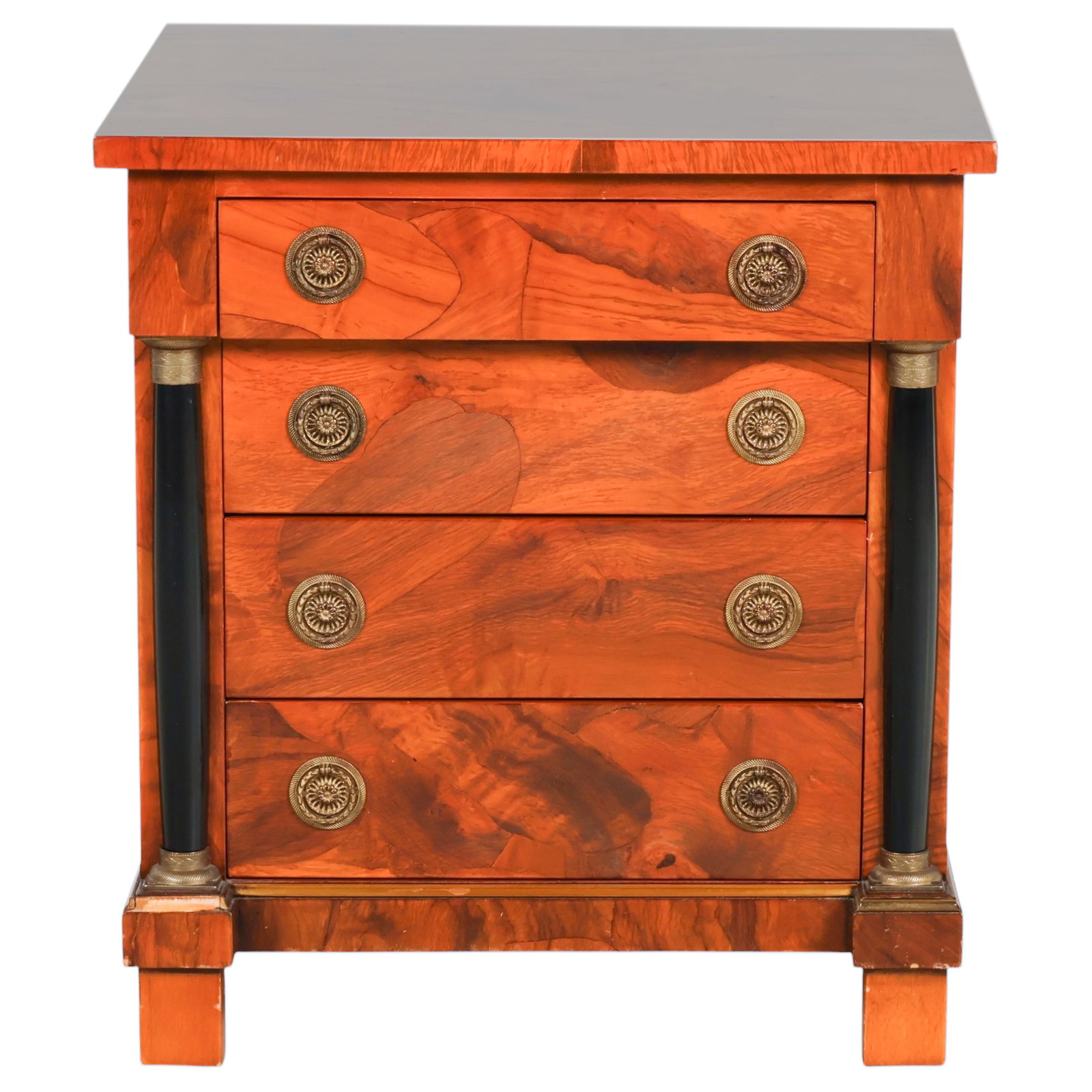 Antique Empire Style 4 Drawer Dresser Side Table: Antique French Empire style walnut veneer bachelor's chest or bedside stand featuring a rectangular top above four graduated drawers flanked by ebonized column supports with brass capitals and bases. 