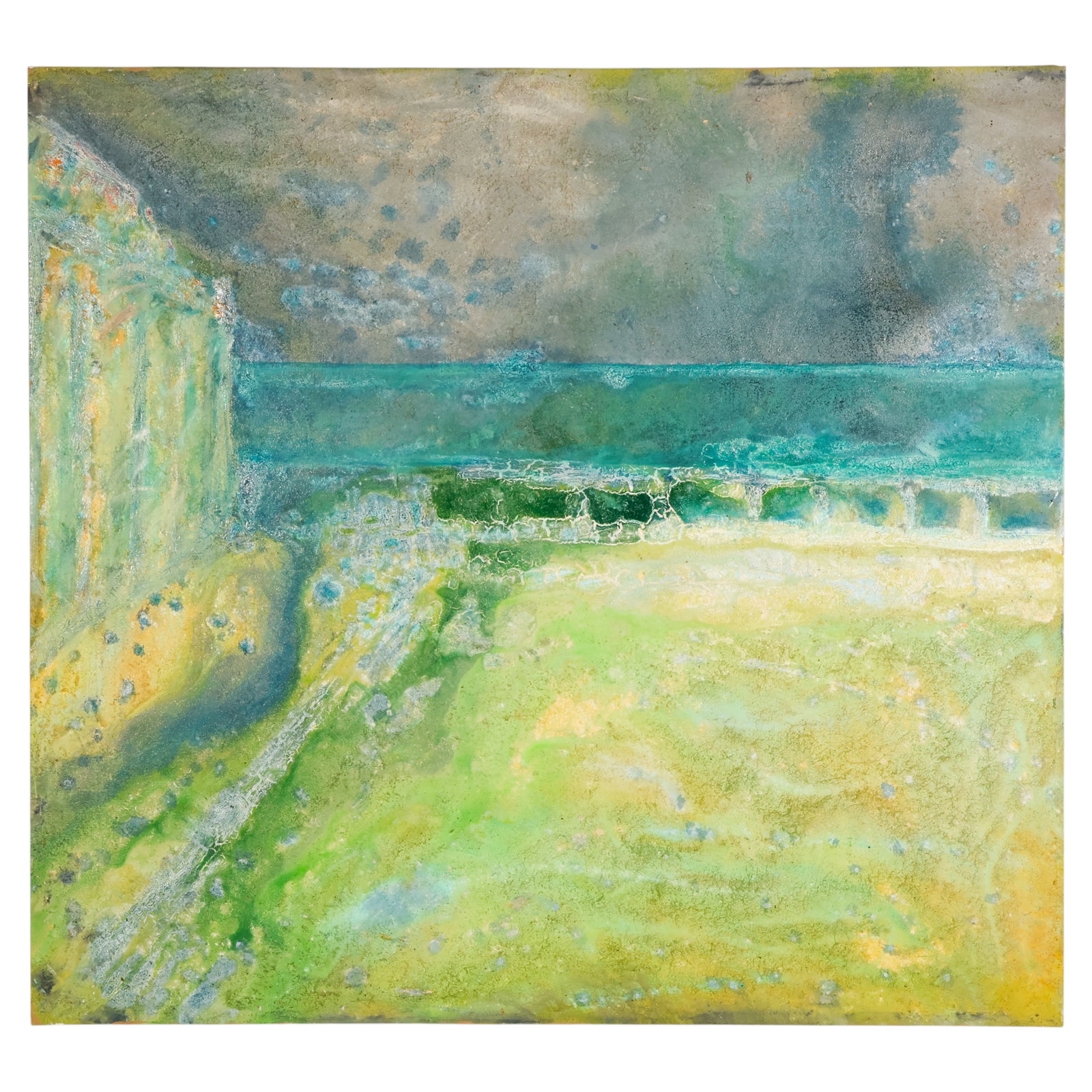 Horst Kohlem b1947 Fisher Island Abstract Painting: Horst Kohlem (German, born 1947), Fisher Island, abstract mixed media composition on gallery wrapped canvas from the artist's Journey series, depicting a moody coastal landscape with a weathered archi
