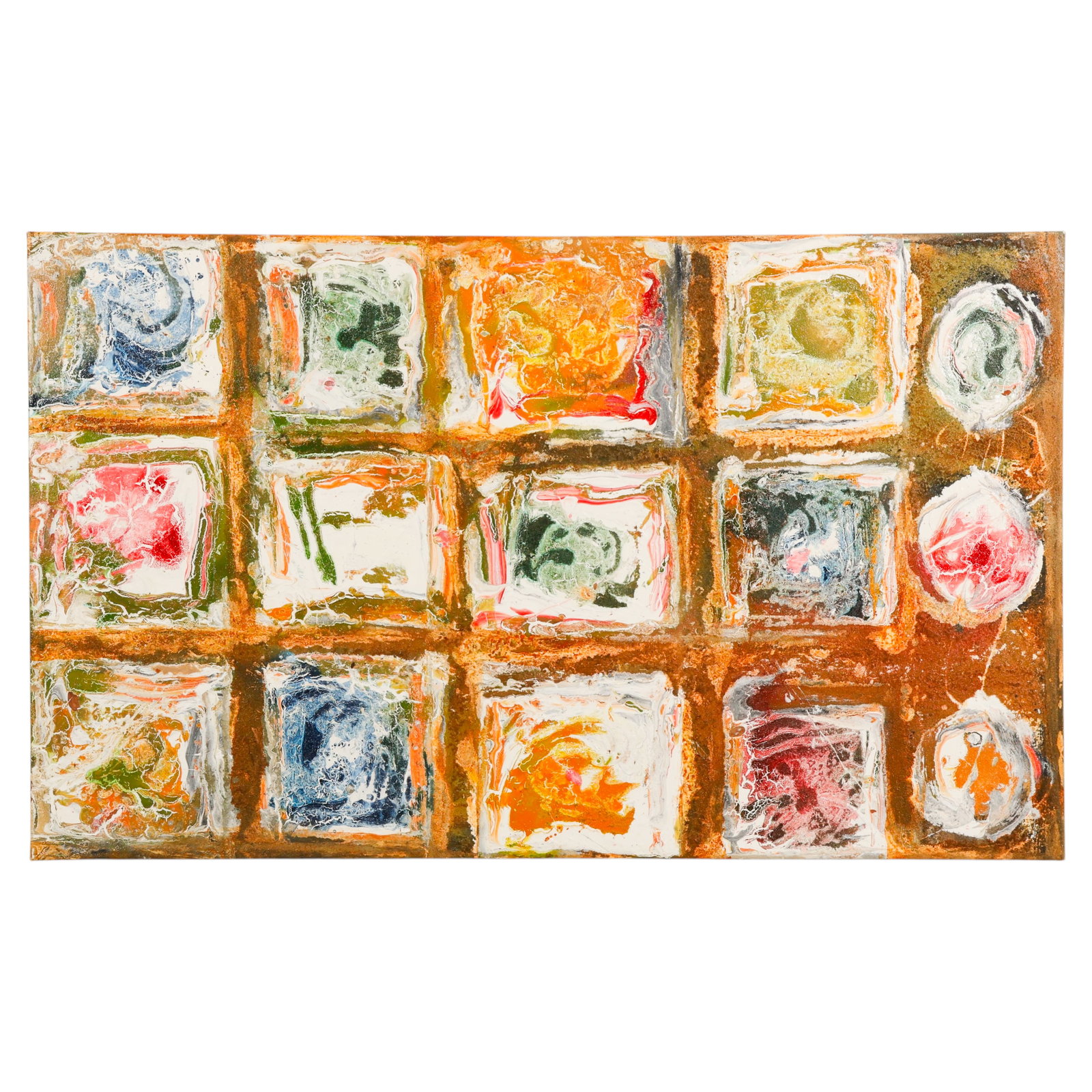 Horst Kohlem b.1947 Circles and Squares Painting: Horst Kohlem (German, born 1947), abstract mixed media composition on gallery wrapped canvas featuring an expressive grid of textured square and circular forms rendered in earth tones, white, blue, pi