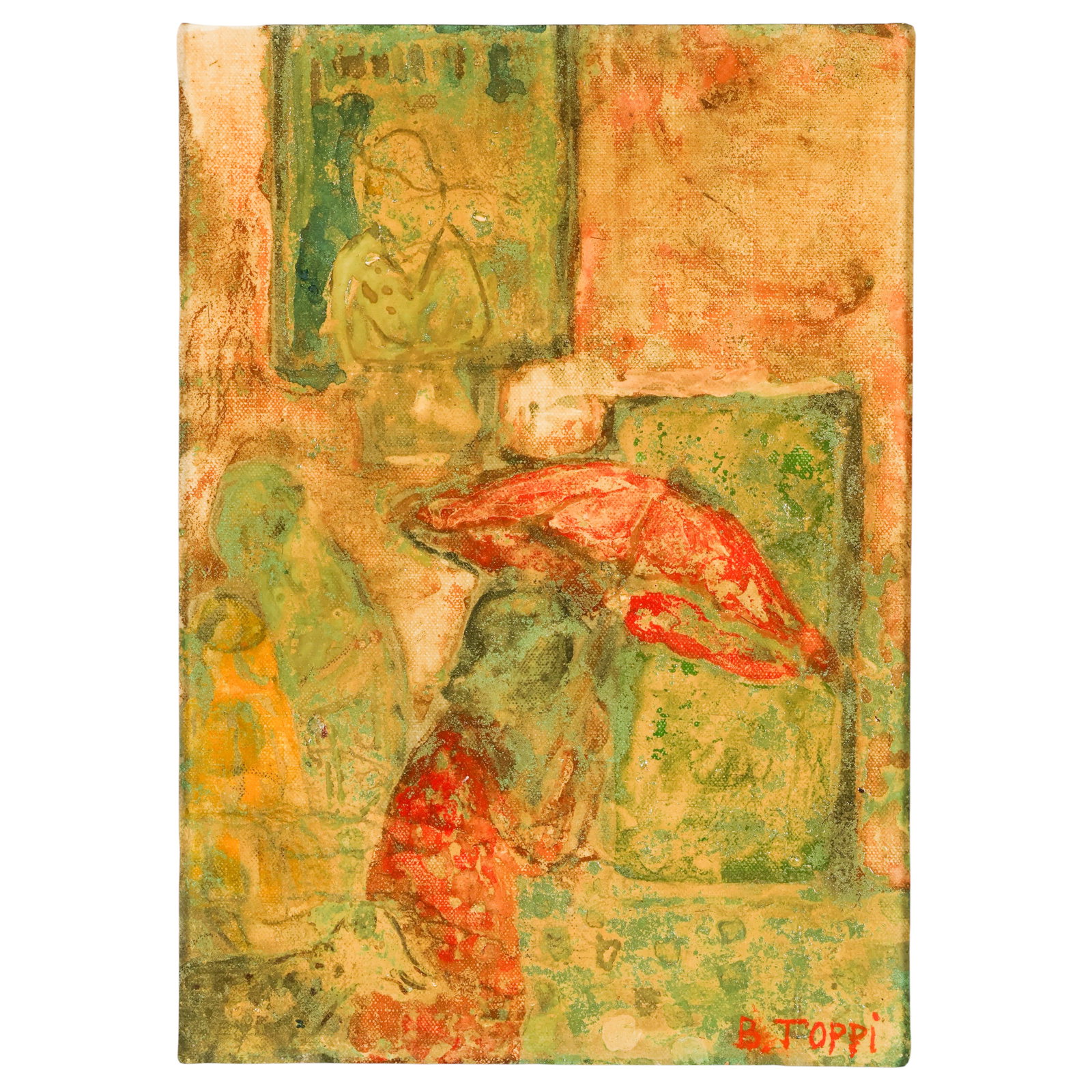 Bernardino Toppi b.1936 The Red Umbrella Painting: Bernardino Toppi (Italian/French, born 1936), Parapluie Rouge, fresco on masonite board depicting a modern abstract scene of a figure beneath a red umbrella within an urban setting. Signed lower right