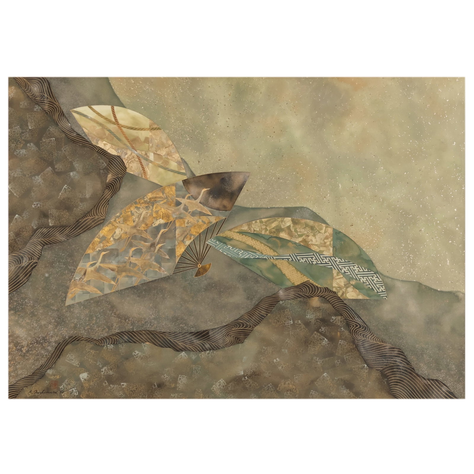 Keiichi Nishimura b1949 Fans Abstract Oil Painting: Keiichi Nishimura (Japanese, born 1949), Fans, watercolor with gold and silver leaf on silk depicting an abstract composition of layered geometric and organic forms in gray, silver, and earth tones wi