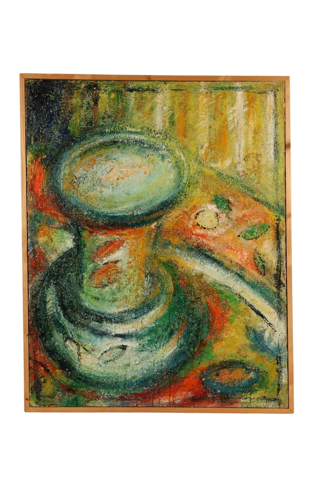 Loic Riou b.1957 Abstract Still Life Oil Painting: Loic Riou (French, born 1957), oil on canvas, featuring a heavily textured abstract still life composition depicting a vessel form rendered in expressive brushwork and layered pigment. The work utiliz