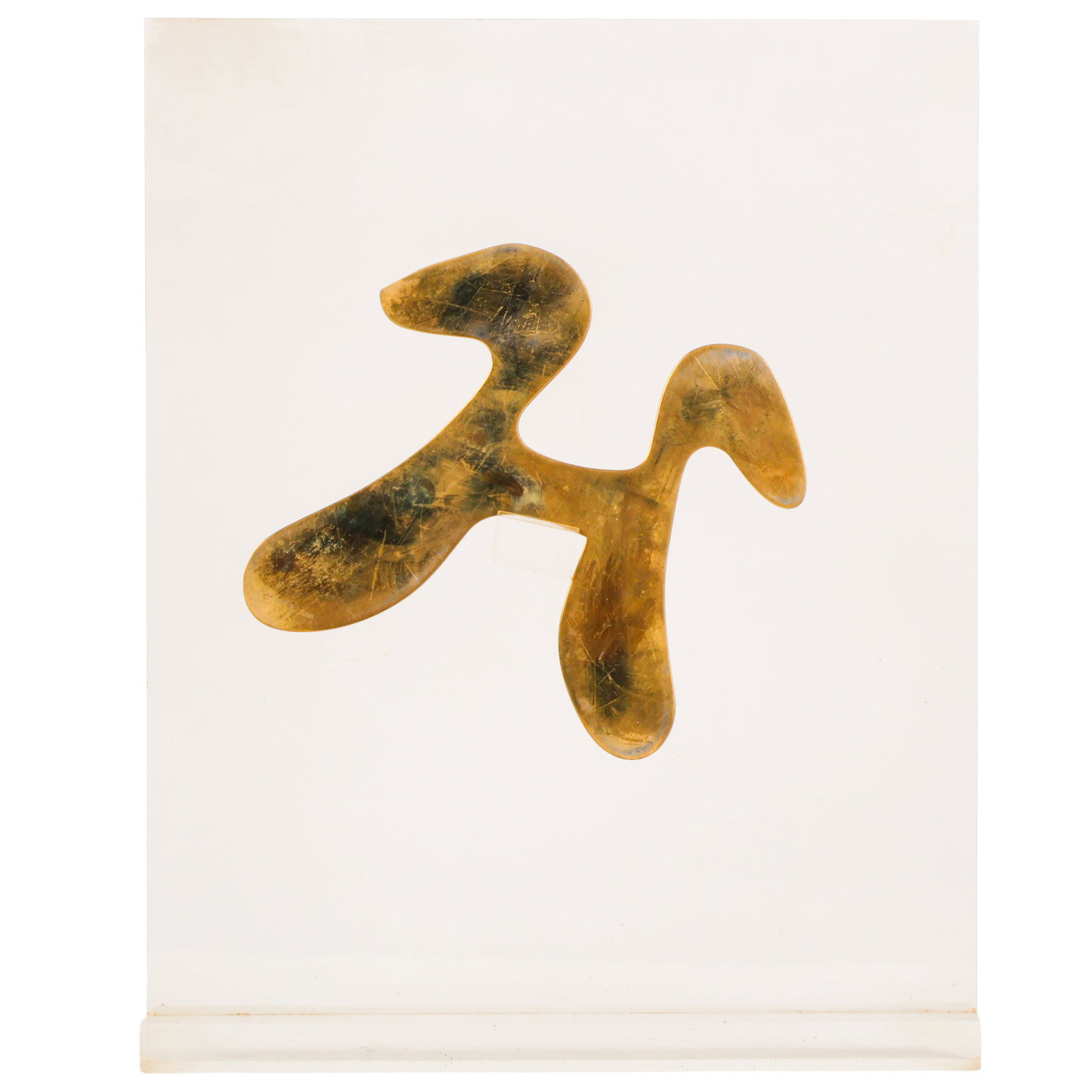 Jean Arp 1886-1966 Lettre-Terrestre LE Sculpture: Jean Arp (French/German, 1886-1966), Lettre terrestre I, gold toned brass abstract relief sculpture of biomorphic form. Stamped ARP and numbered 167/300 along the lower edge. Accompanied by an acrylic
