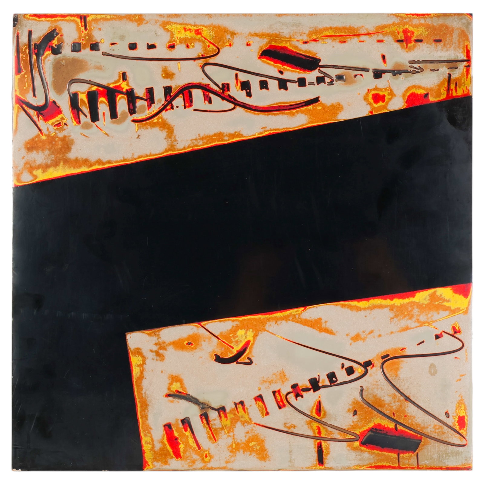 Jim Jacobs b.1945 Lacquer Panel SIGNED with Book: Jim Jacobs (American, born 1945), abstract lacquer on wood panel featuring a bold black geometric field with metallic silver, gold, red, and magenta linear and textural elements. Signed, dated "86," a