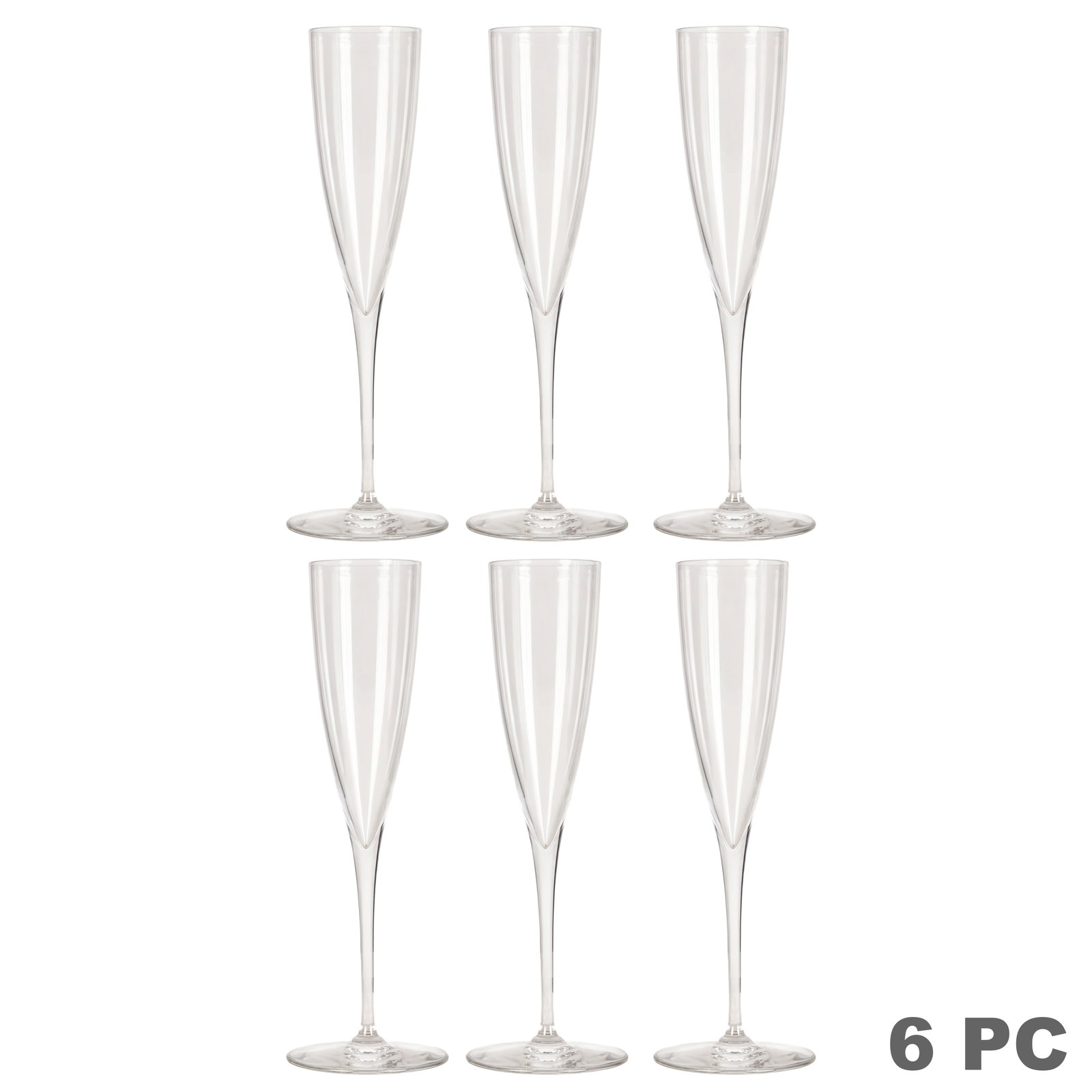 Baccarat Crystal Dom Perignon Champagne Flutes SET: Set of six Baccarat crystal Dom Perignon champagne flutes, each featuring the pattern's distinctive elongated tapered bowl with sharply pointed V-form transition to a slender stem and circular foot. E