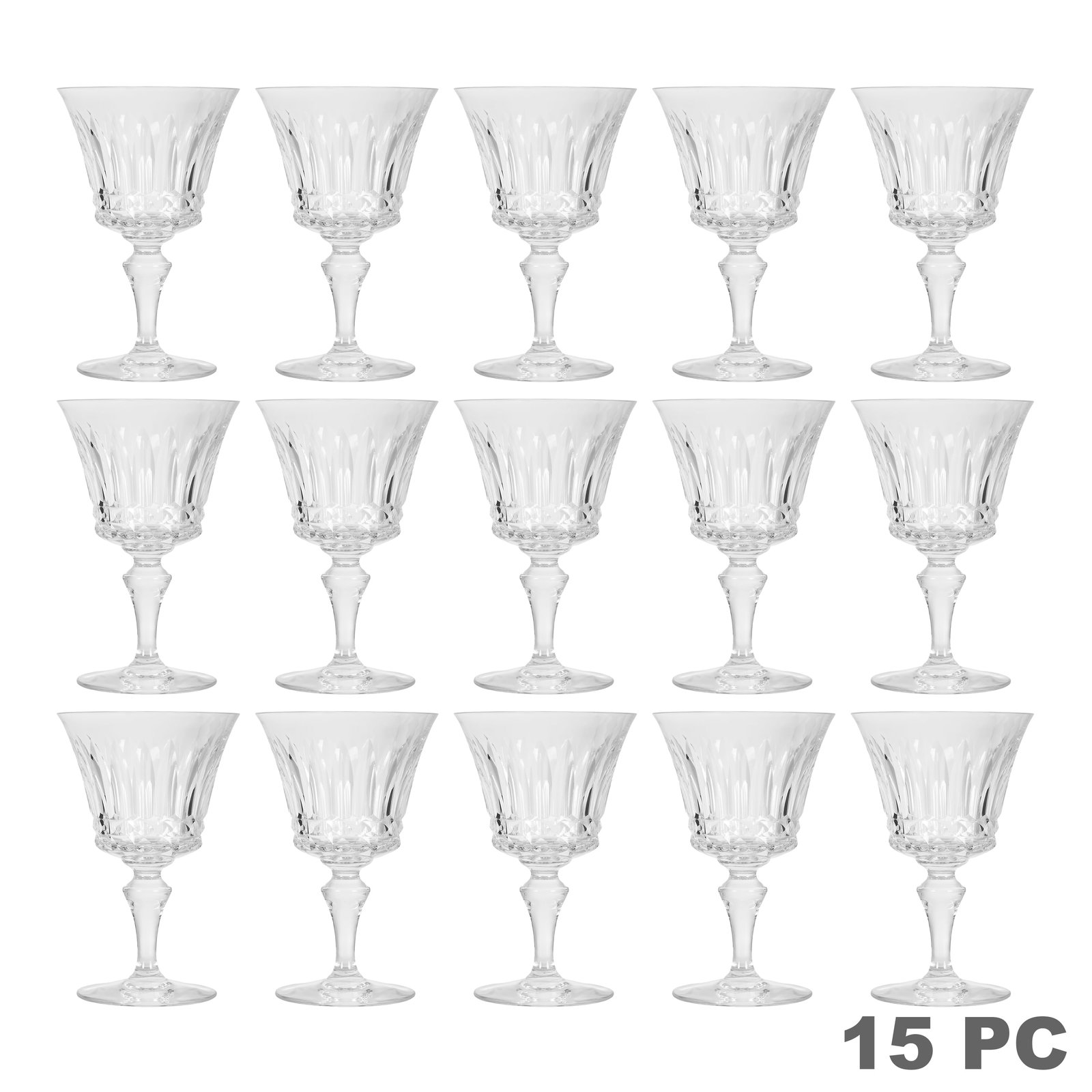 Baccarat French Crystal 15pc "Piccadilly" Stemware: Baccarat France set of fifteen crystal stemware glasses in the Piccadilly pattern comprising seven larger water goblets and eight smaller wine glasses. Each features a flared bowl with vertical and di