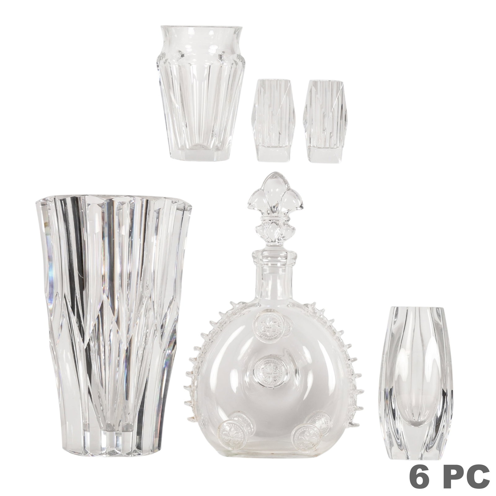 Baccarat Crystal Vessels Decanter & Vases 6pc LOT: Six-piece estate collection of Baccarat French clear crystal decorative vessels comprising four vases of varying forms, a pair of square-form bud vases, and a vintage Remy Martin crystal decanter with