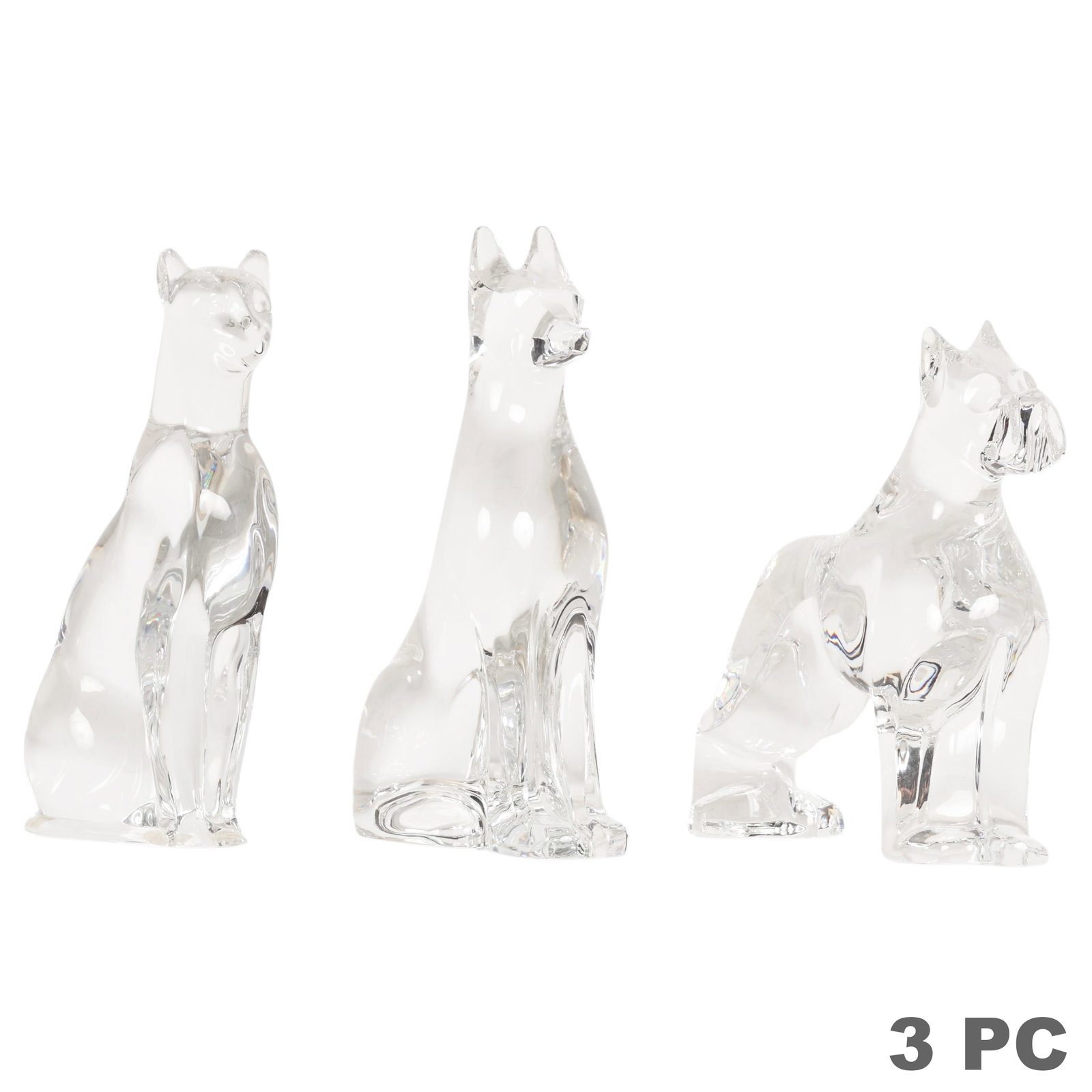 Baccarat Crystal Boxer Shepard and Cat Figure LOT: Baccarat lot of three French clear crystal animal figures including a seated cat, a shepherd type seated dog, and a standing boxer bulldog type dog. Executed in Baccarat's minimalist sculptural style 