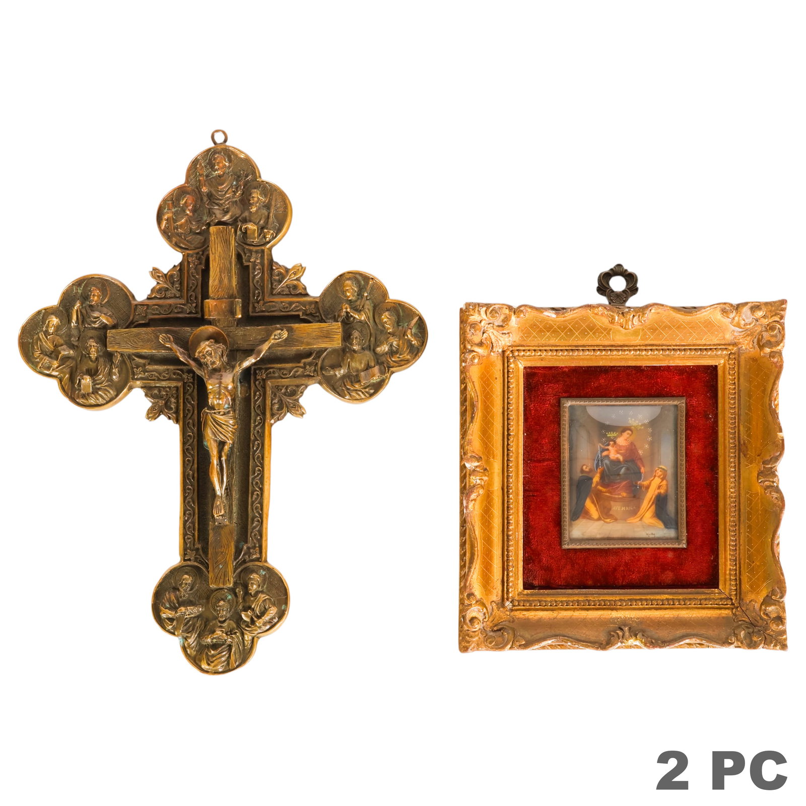 Antique Miniature Madonna Painting & Bronze Cross: Two-piece religious iconography lot comprising a cast bronze wall crucifix decorated with figural medallions depicting saints and religious scenes, together with an antique miniature painting on organ