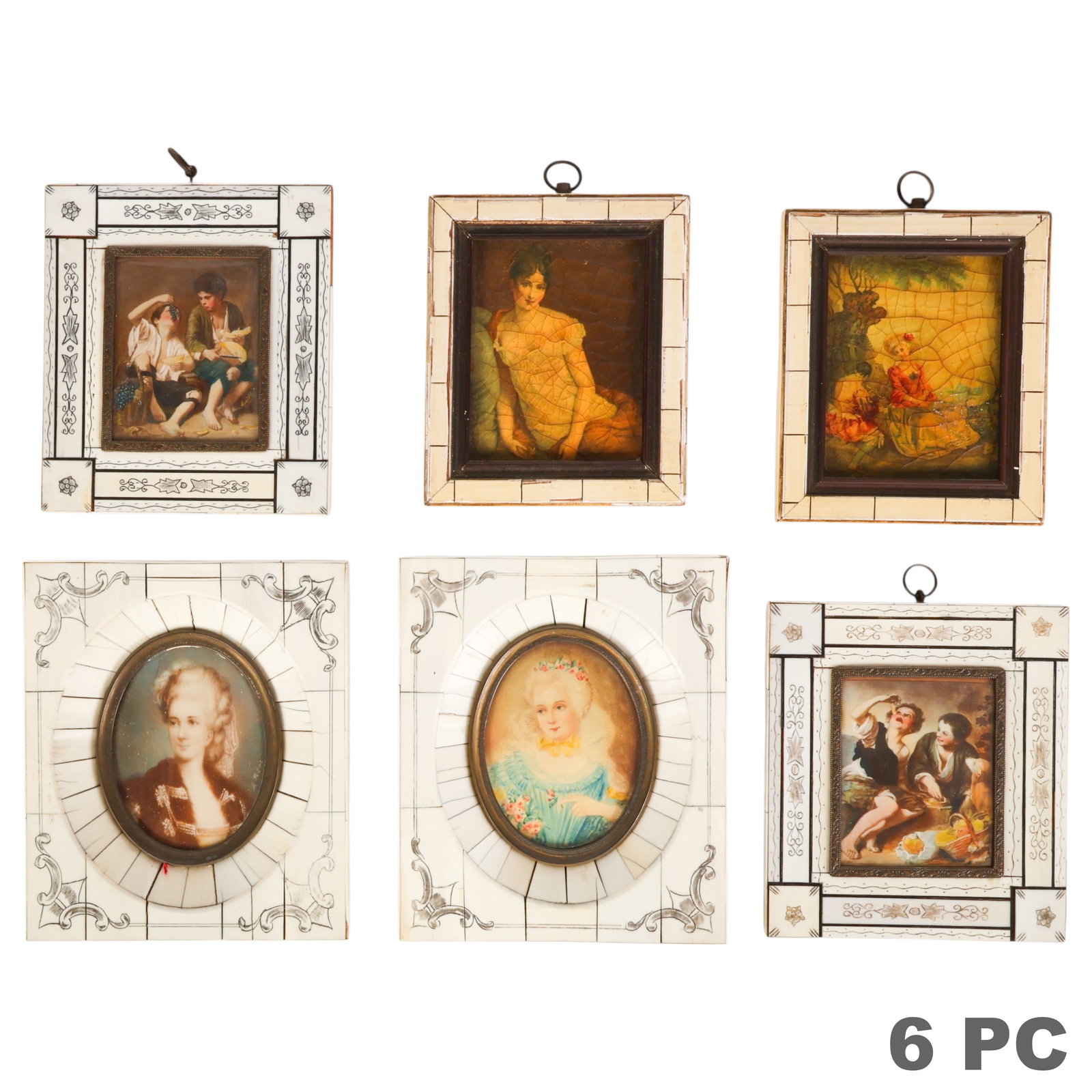 Antique Victorian Miniature Portrait Paintings LOT: Six piece lot of three pairs of wall-hanging miniature framed works. The largest pair features oval portraits of elegantly dressed ladies in the Marie Antoinette style, each housed in hand-etched scri