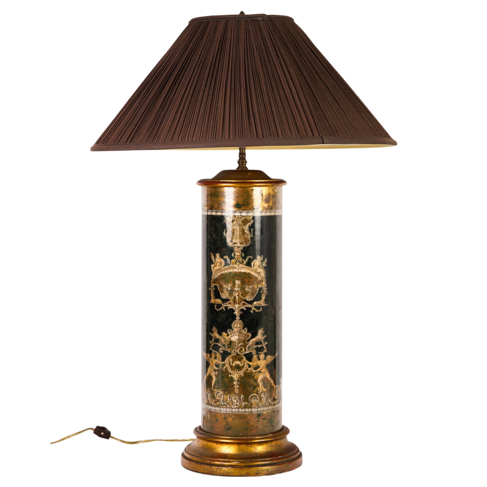 Vintage Verre Eglomise Decorated Column Table Lamp: Vintage table lamp featuring a cylindrical verre eglomise reverse-painted glass body with black ground and gilt decoration. The column-form body is embellished with neoclassical motifs including urns,