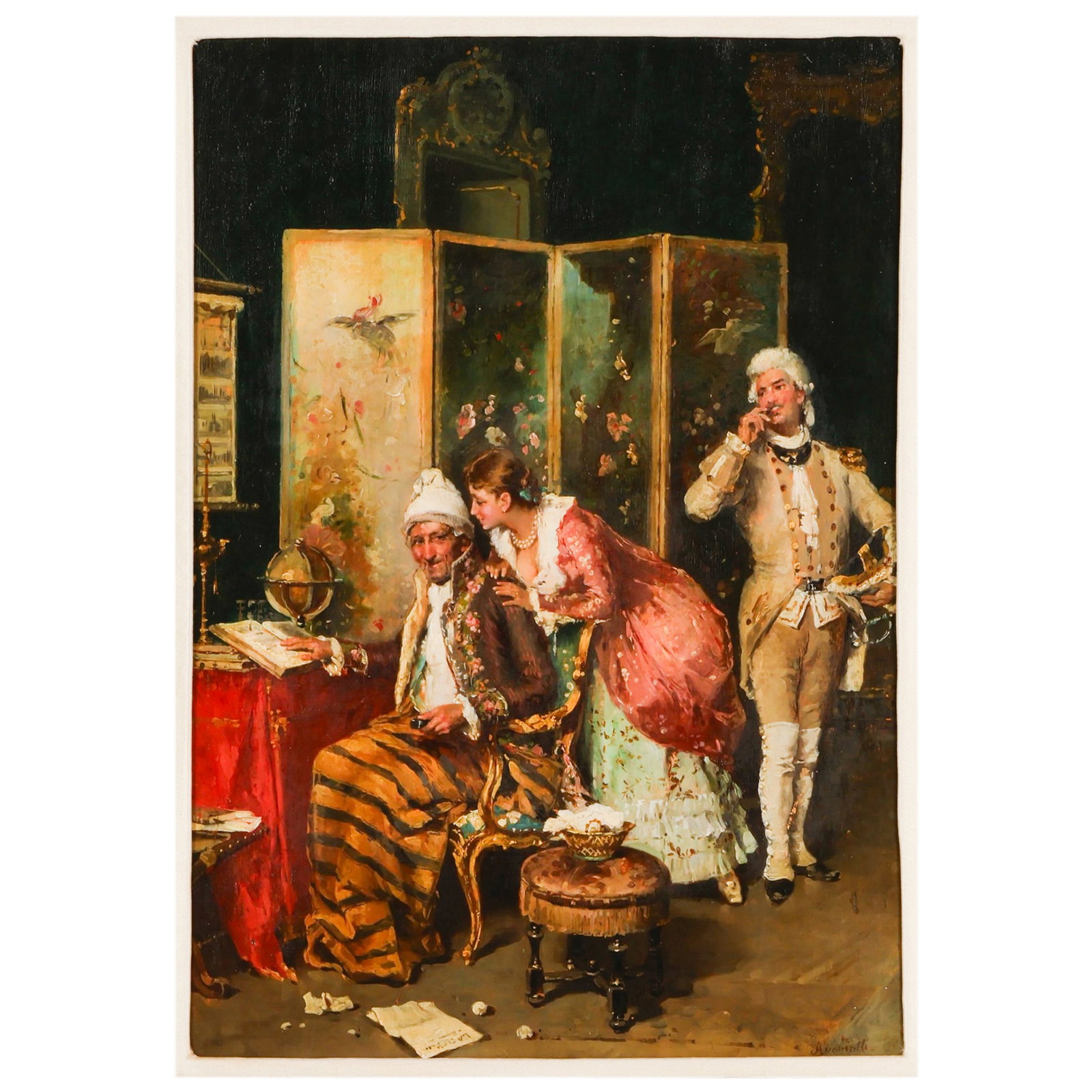 Federico Andreotti 1847-1930 Romantic Oil Painting: Federico Andreotti (Italian, 1847-1930), Will He Consent, oil on panel depicting an interior genre scene with an elderly gentleman seated at a table, a young woman leaning over his shoulder, and anoth