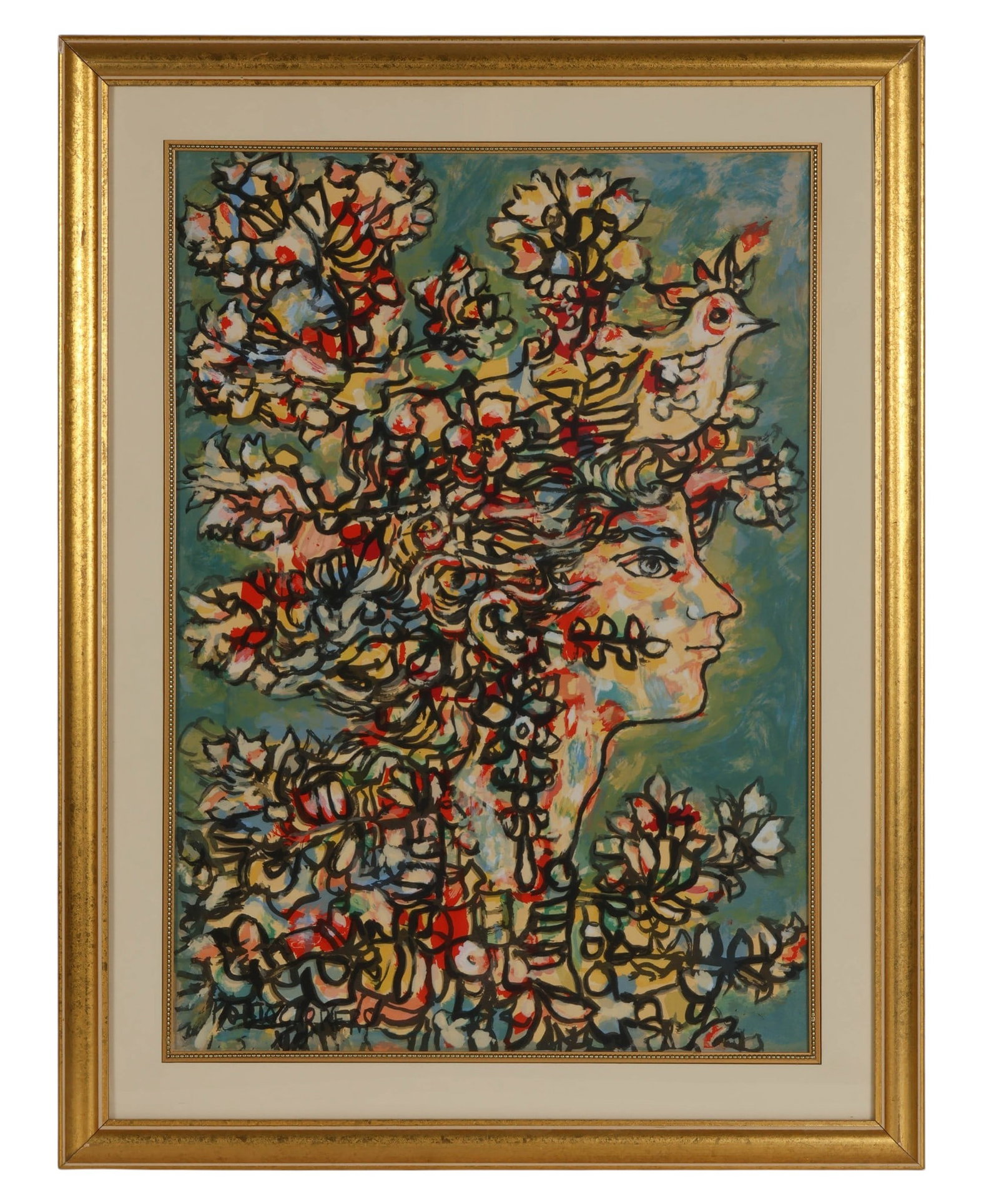 Rene Portocarrero 1912-1985 Lady Profile Painting: Rene Portocarrero (Cuban, 1912-1985), gouache on paper depicting a stylized female profile adorned with an elaborate arrangement of flowers and a perched bird. Executed in the artist's distinctive Cub