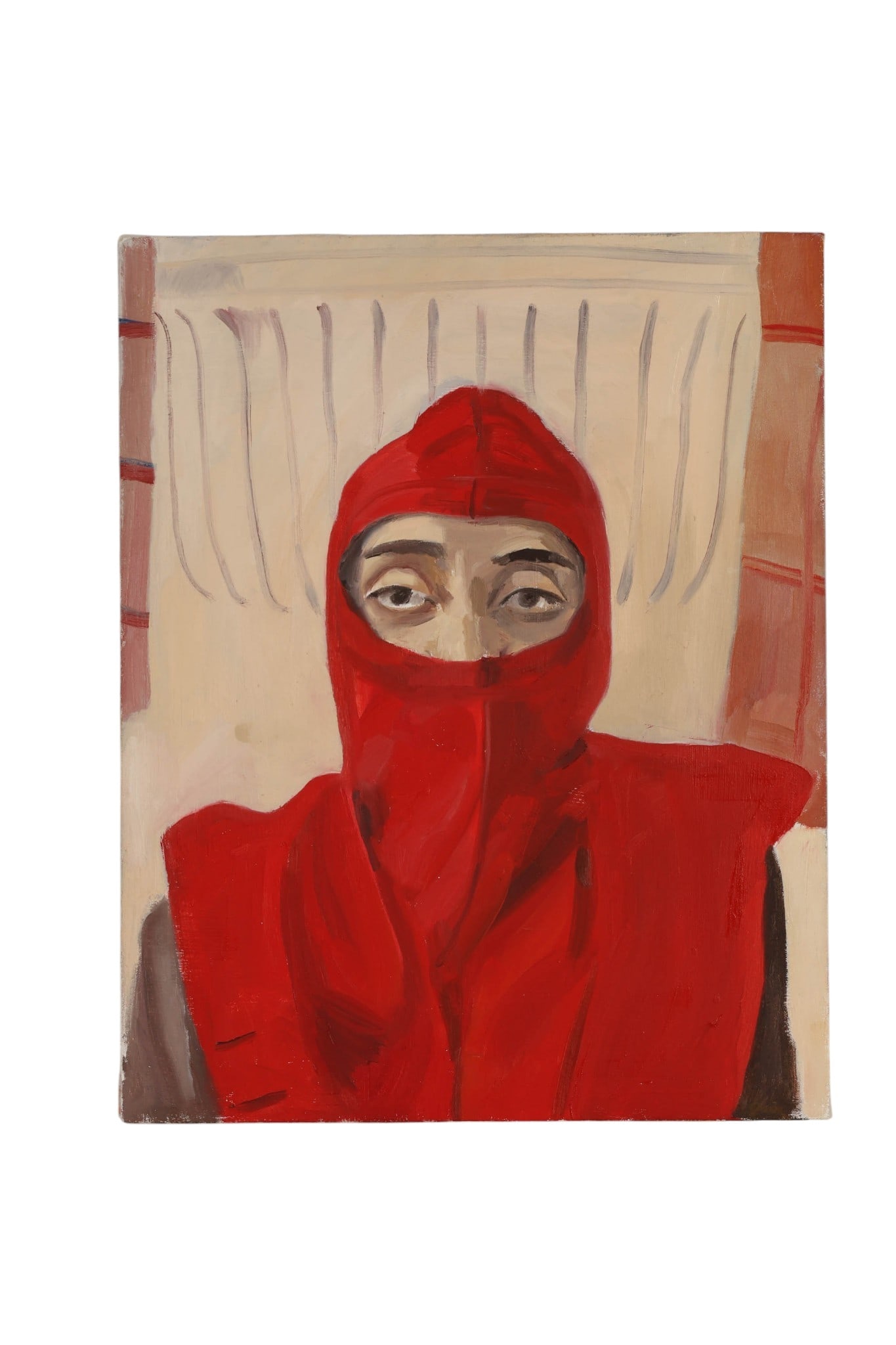 Audrey Gair b.1992 Red Mask 2012 Portrait Painting: Audrey Gair (American, born 1992), Red Mask, 2012, oil painting on canvas, depicting an expressive contemporary figurative composition of a front-facing figure clad in a vivid red hooded mask with onl