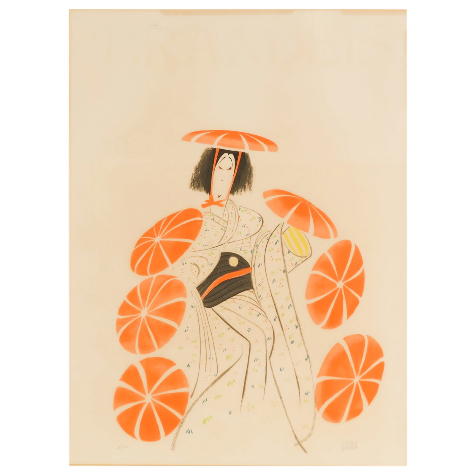 Albert Hirschfeld 1903-2003 Japanese Woman SIGNED: Albert Hirschfeld (American, 1903-2003), Japanese Woman with Parasols, color lithograph on paper depicting a Japanese woman in a patterned kimono surrounded by orange parasols. Pencil signed Hirschfel