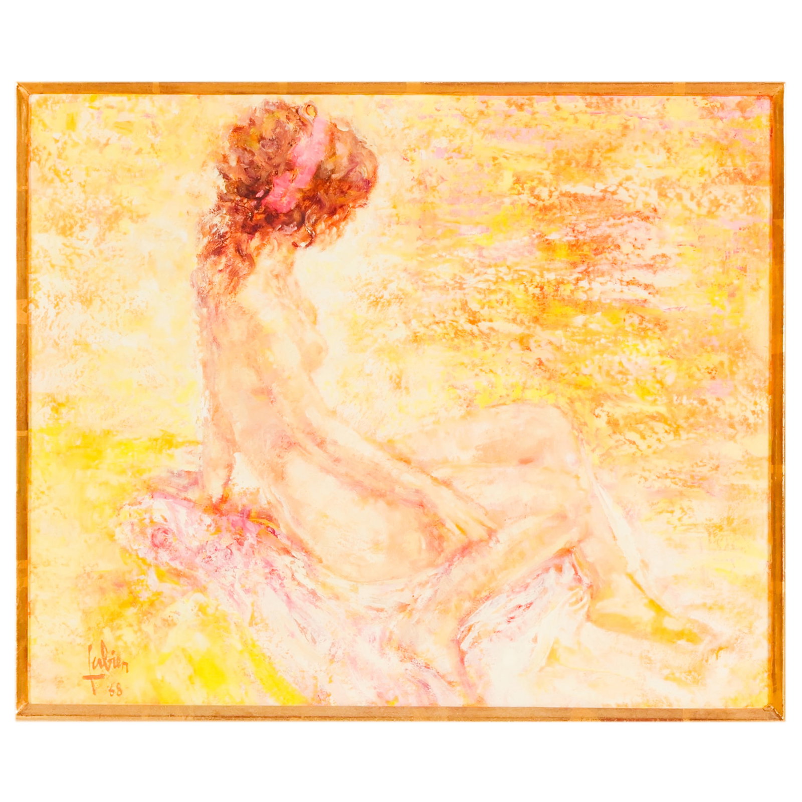 Louis P Fabien 1924-2016 Brunette Nude Painting: Louis P. Fabien (German/French, 1924-2016), oil on canvas painting depicting a seated female nude rendered in an Impressionist inspired palette of warm yellows, pinks, and creams. Executed in a loose,