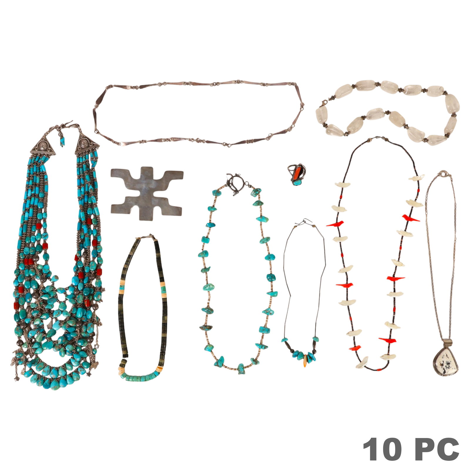 Southwestern Navajo Necklace Pin and Ring 10pc LOT: Ten-piece Southwestern and Native American style jewelry collection comprising a dramatic multi-strand tri-ball necklace of polished turquoise teardrop beads accented with red coral beads, silver-tone