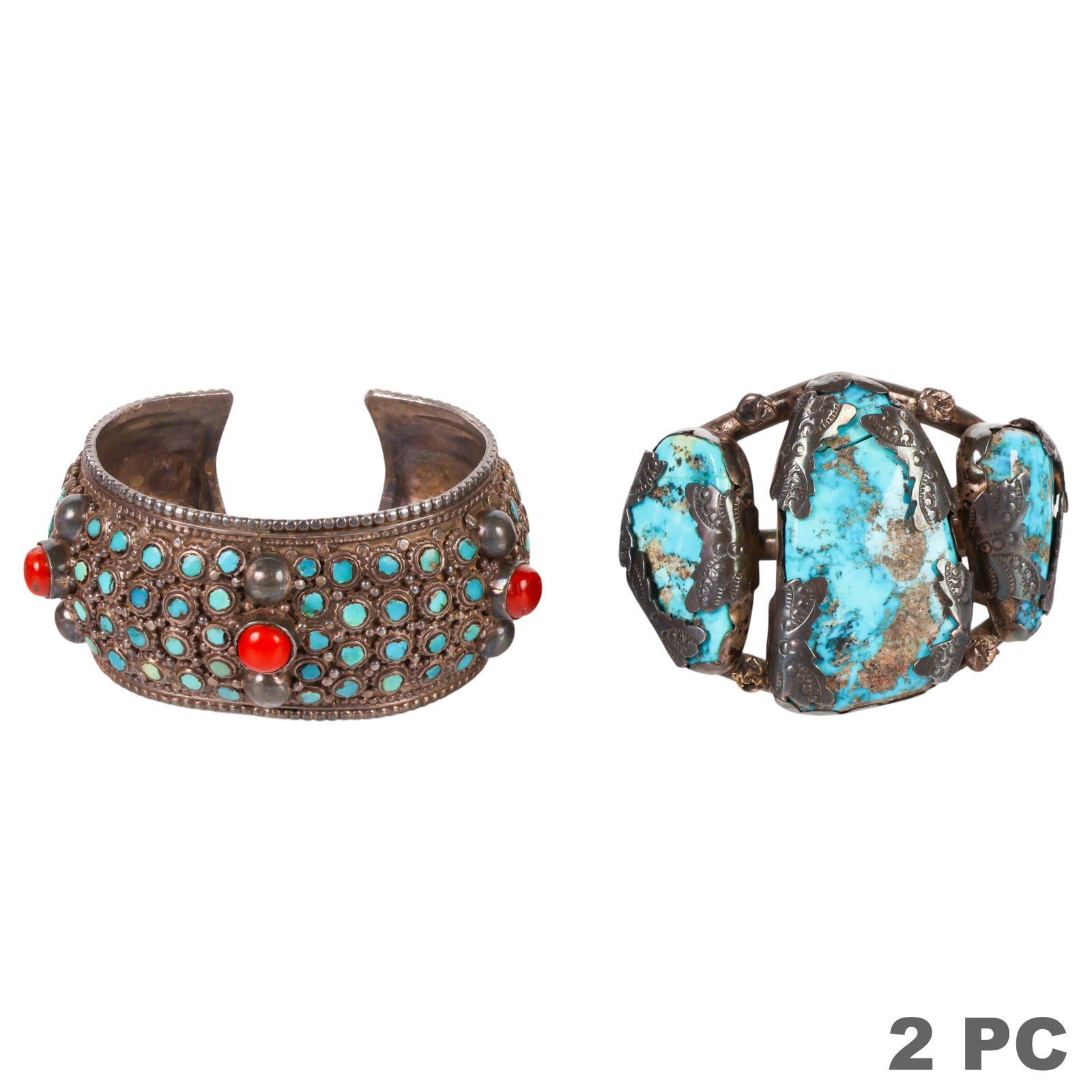 Silver Navajo and Tibetan Turquoise Coral Cuff LOT (1 of 6)