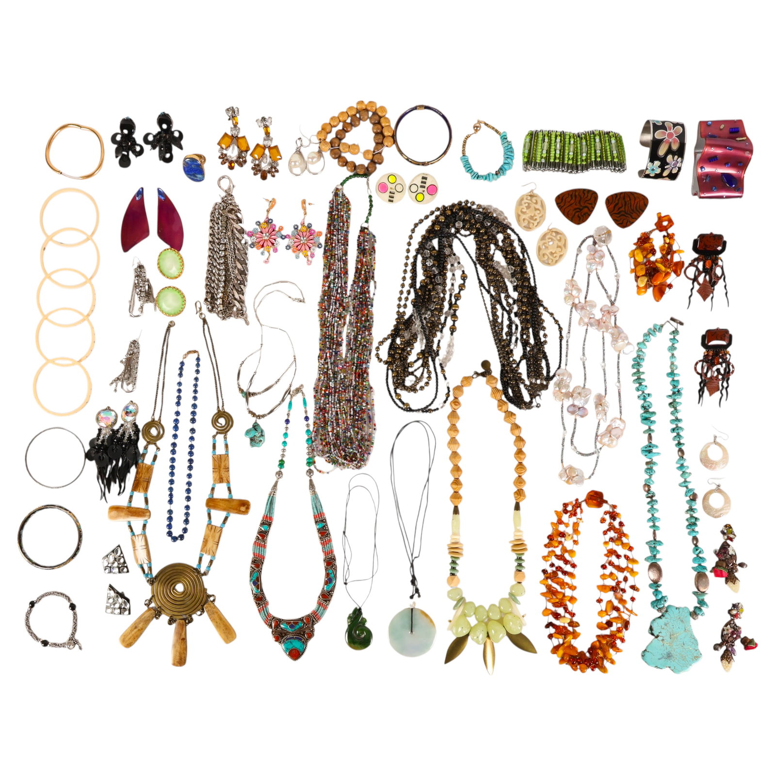 Vintage Retro Statement Costume Jewelry ESTATE LOT: Costume jewelry and fashion accessories estate lot comprising approximately ten necklaces, fifteen bracelets, fourteen pairs of earrings, and one Charles Albert signed lapis lazuli ring. Materials rep